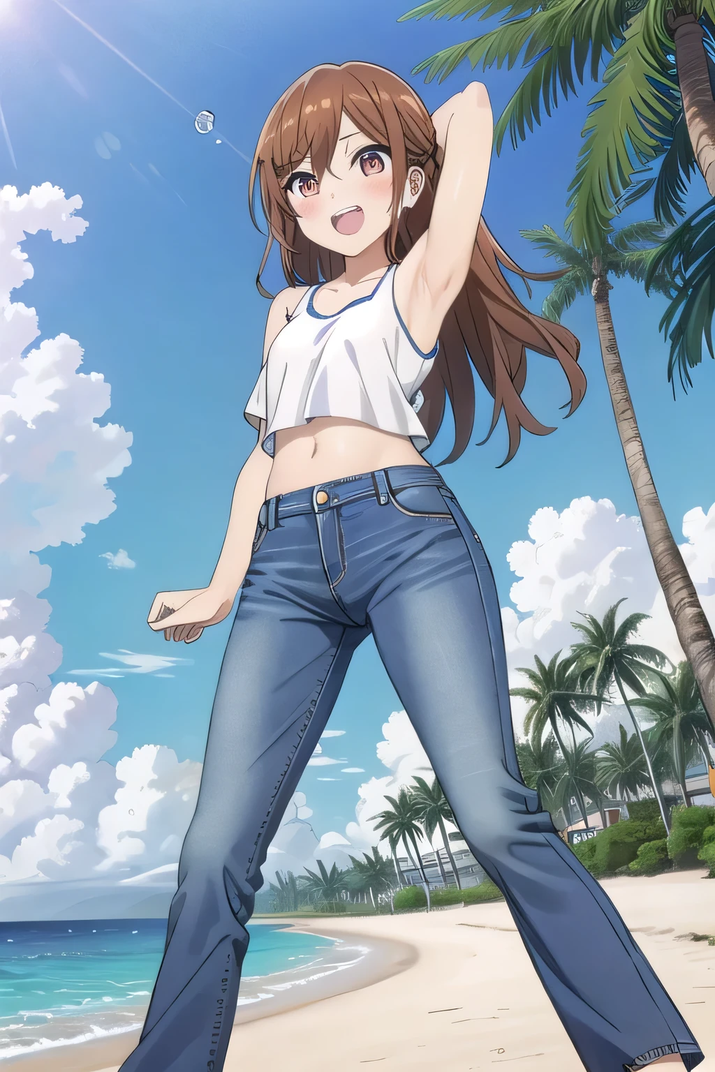 masterpiece,best quality,ultra detail,1girl, 14yo, petite, ((round face, ecstasy, orgasm face, drooping eyes, shame smiling, blush)), dropping eyes, sleepy, background((under the beach, (day:1.2), palm tree, bright sky)), Hori kyouko, long hair, brown hair, arms behind head, contrapposto, spread armpits, looking at viewer,, (white tank top:1.2), (white crop top:1.2), (jeans pants:1.2, flares jeans:1.2, skinny jeans:1.2, blue jeans:1.2), standing, (legs spread:1.2), Sweaty crotch, Steam from the crotch, from below, full medium body