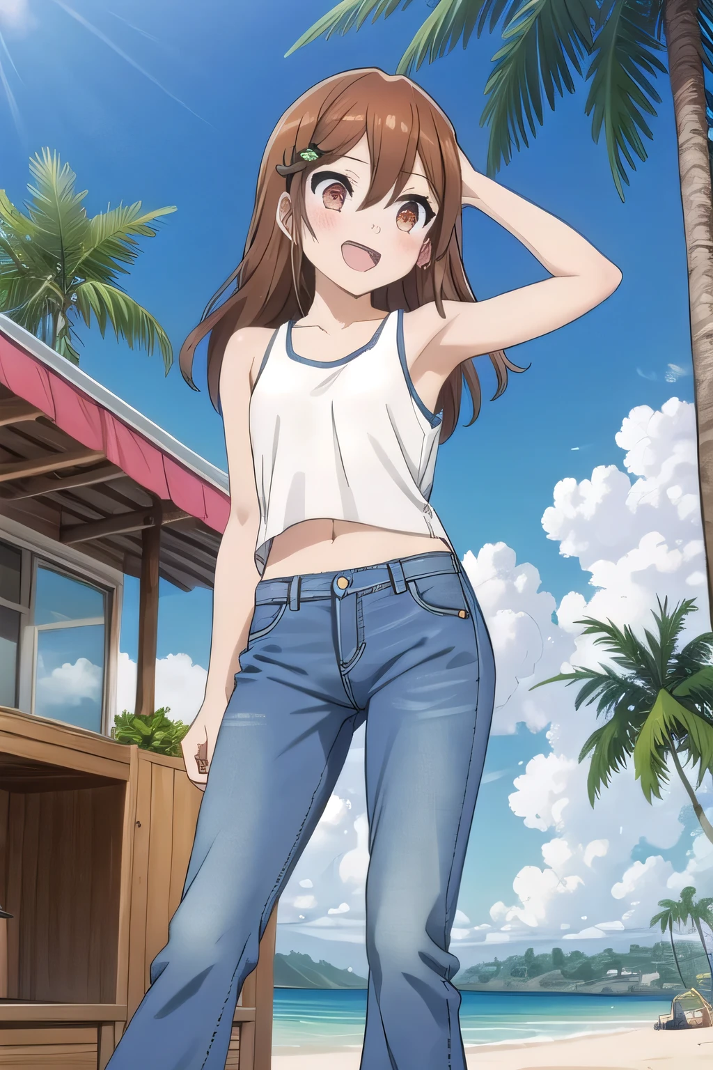 masterpiece,best quality,ultra detail,1girl, 14yo, petite, ((round face, ecstasy, orgasm face, drooping eyes, shame smiling, blush)), dropping eyes, sleepy, background((under the beach, (day:1.2), palm tree, bright sky)), Hori kyouko, long hair, brown hair, arms behind head, contrapposto, spread armpits, looking at viewer,, (white tank top:1.2), (white crop top:1.2), (jeans pants:1.2, flares jeans:1.2, skinny jeans:1.2, blue jeans:1.2), standing, (legs spread:1.2), Sweaty crotch, Steam from the crotch, from below, full medium body