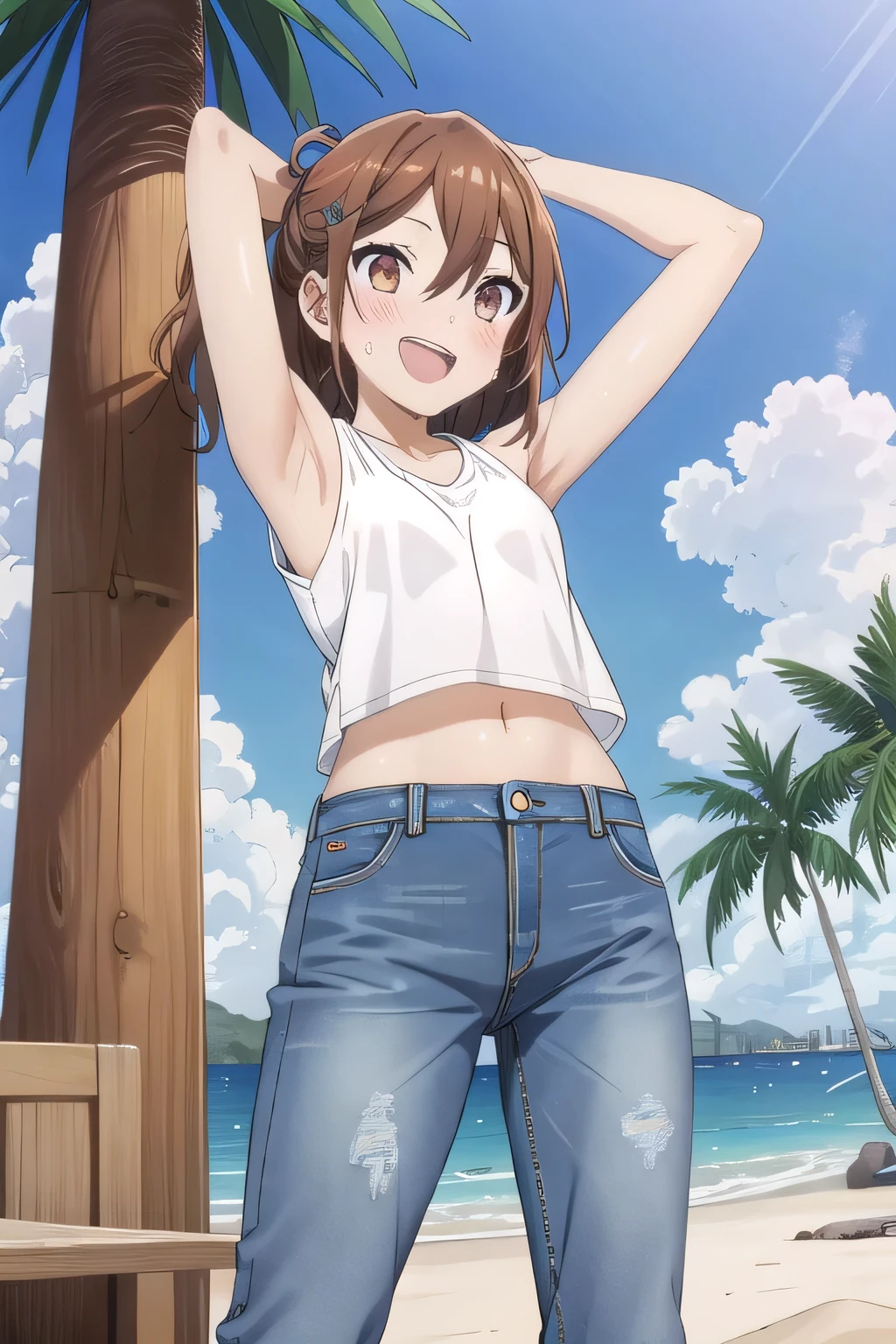 masterpiece,best quality,ultra detail,1girl, yo, pee, ((round face, ecstasy, orgasm face, drooping eyes, shame smiling, blush)), dropping eyes, sleepy, background((under the beach, (day:1.2), palm tree, bright sky)), Hori kyouko, long hair, brown hair, arms behind head, contrapposto, spread armpits, looking at viewer,, (white tank top:1.2), (white crop top:1.2), (jeans pants:1.2, flares jeans:1.2, skinny jeans:1.2, blue jeans:1.2), standing, (legs spread:1.2), Sweaty crotch, Steam from the crotch, from below, full medium body