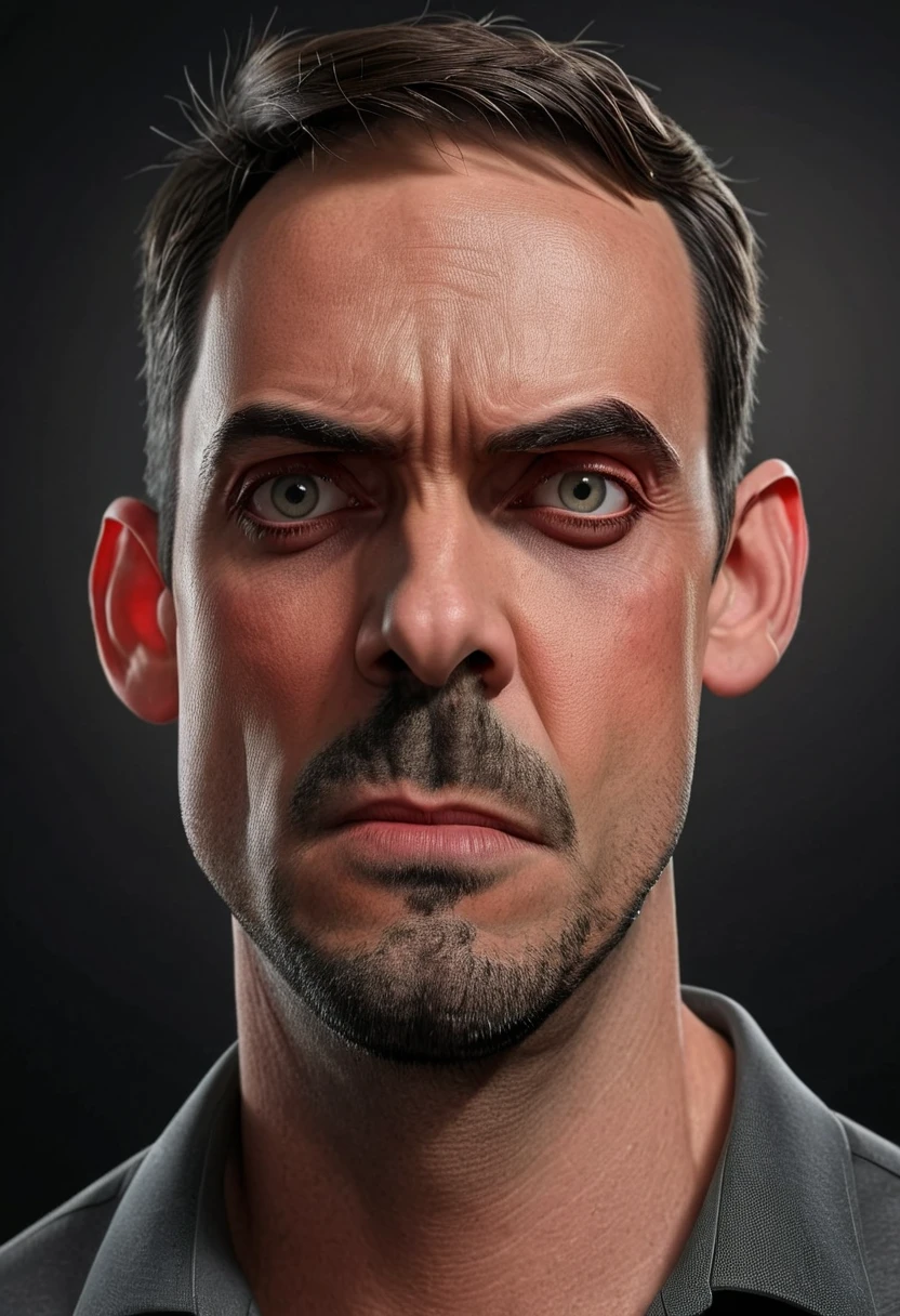 (masterpiece, best quality:1.2), caricature of  a very handsome man, muscular, wearing a gray shirt, on a black background. exaggerated features with a large nose and big eyes, realistic, detailed, glowing red lighting, 4K.