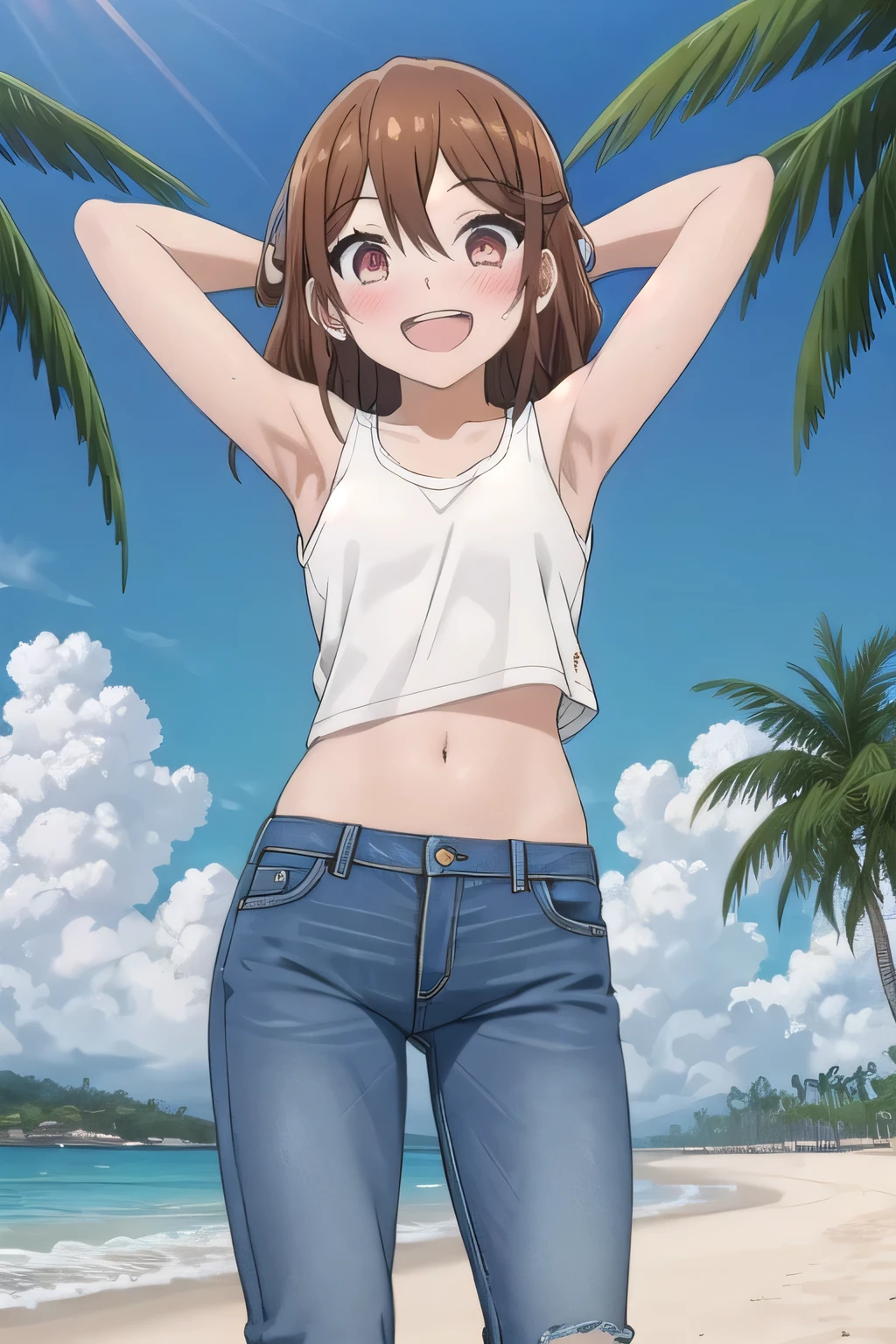 masterpiece,best quality,ultra detail,1girl, yo, pee, ((round face, ecstasy, orgasm face, drooping eyes, shame smiling, blush)), dropping eyes, sleepy, background((under the beach, (day:1.2), palm tree, bright sky)), Hori kyouko, long hair, brown hair, arms behind head, contrapposto, spread armpits, looking at viewer,, (white tank top:1.2), (white crop top:1.2), (jeans pants:1.2, flares jeans:1.2, skinny jeans:1.2, blue jeans:1.2), standing, (legs spread:1.2), Sweaty crotch, Steam from the crotch, from below, full medium body