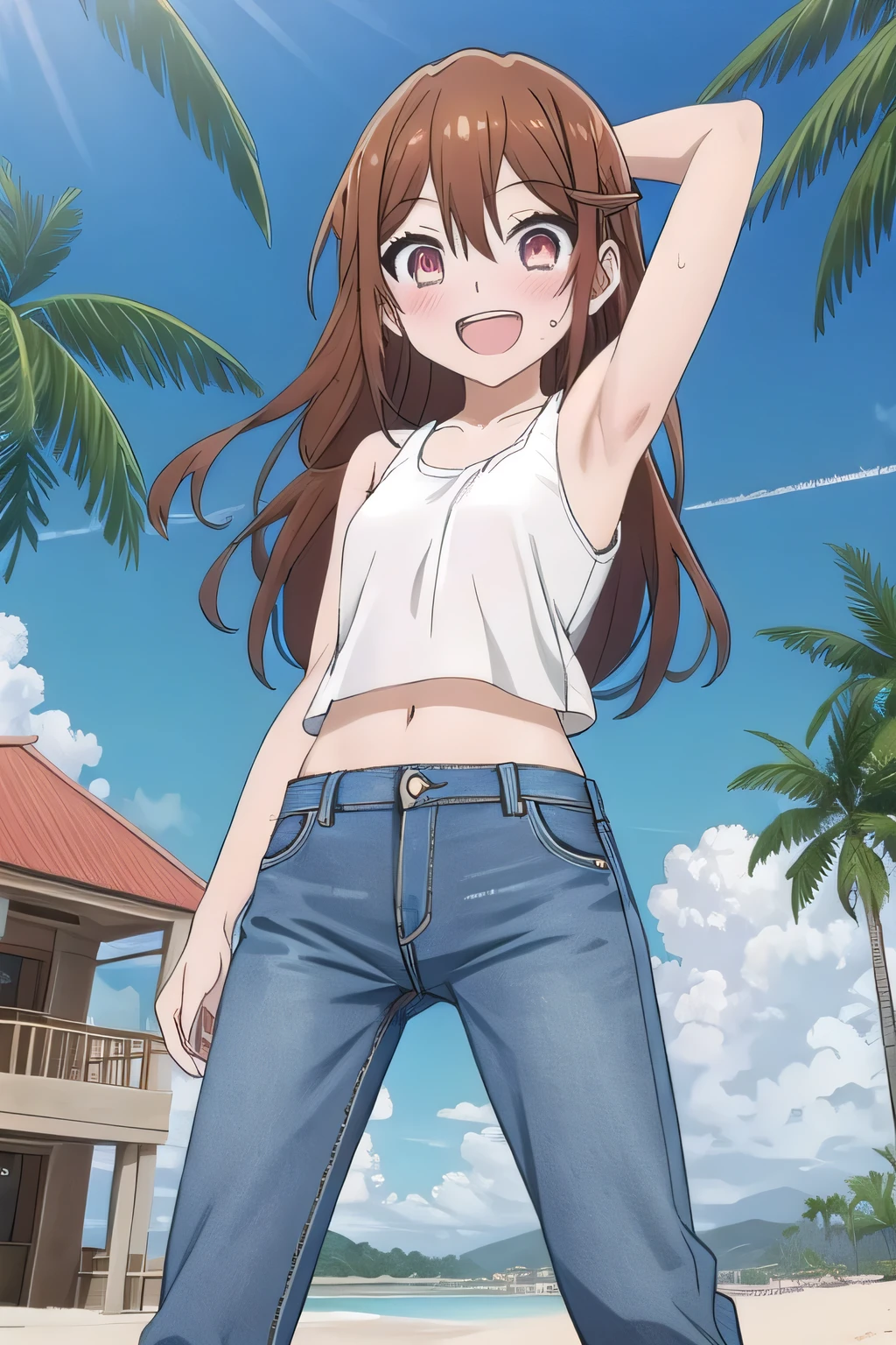 masterpiece,best quality,ultra detail,1girl, 14yo, petite, ((round face, ecstasy, orgasm face, drooping eyes, shame smiling, blush)), dropping eyes, sleepy, background((under the beach, (day:1.2), palm tree, bright sky)), Hori kyouko, long hair, brown hair, arms behind head, contrapposto, spread armpits, looking at viewer,, (white tank top:1.2), (white crop top:1.2), (jeans pants:1.2, flares jeans:1.2, skinny jeans:1.2, blue jeans:1.2), standing, (legs spread:1.2), Sweaty crotch, Steam from the crotch, from below, full medium body