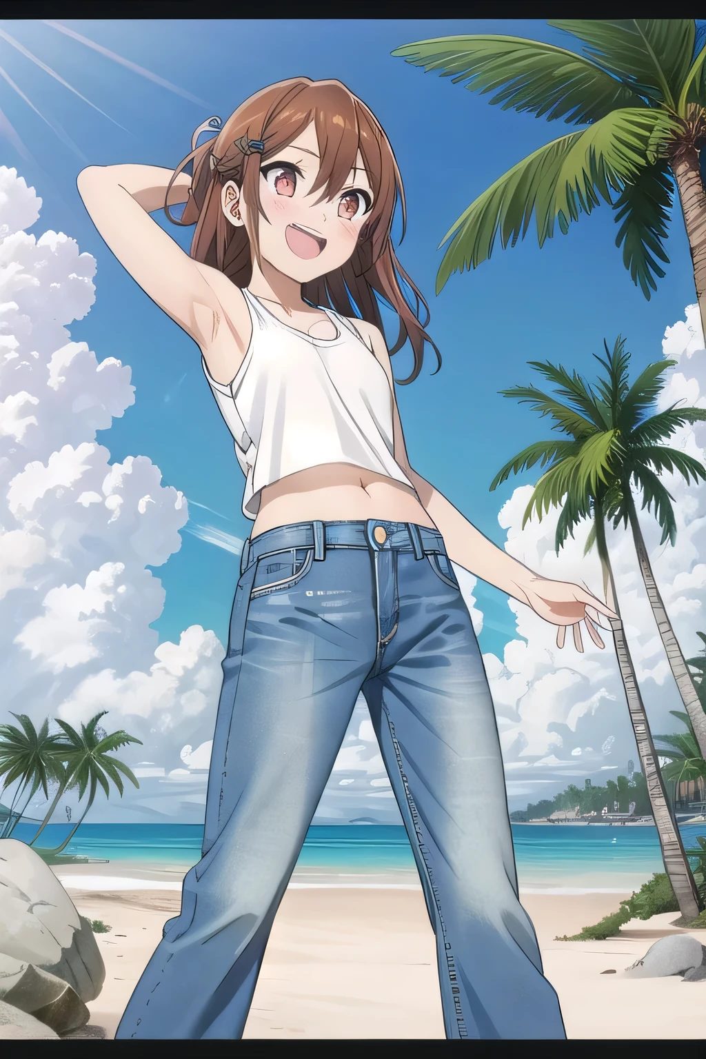 masterpiece,best quality,ultra detail,1girl, 14yo, petite, ((round face, ecstasy, orgasm face, drooping eyes, shame smiling, blush)), dropping eyes, sleepy, background((under the beach, (day:1.2), palm tree, bright sky)), Hori kyouko, long hair, brown hair, arms behind head, contrapposto, spread armpits, looking at viewer,, (white tank top:1.2), (white crop top:1.2), (jeans pants:1.2, flares jeans:1.2, skinny jeans:1.2, blue jeans:1.2), standing, (legs spread:1.2), Sweaty crotch, Steam from the crotch, from below, full medium body