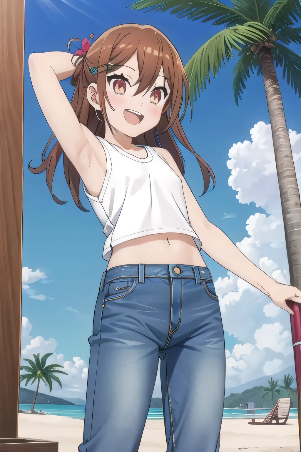 masterpiece,best quality,ultra detail,1girl, yo, pee, ((round face, ecstasy, orgasm face, drooping eyes, shame smiling, blush)), dropping eyes, sleepy, background((under the beach, (day:1.2), palm tree, bright sky)), Hori kyouko, long hair, brown hair, arms behind head, contrapposto, spread armpits, looking at viewer,, (white tank top:1.2), (white crop top:1.2), (jeans pants:1.2, flares jeans:1.2, skinny jeans:1.2, blue jeans:1.2), standing, (legs spread:1.2), Sweaty crotch, Steam from the crotch, from below, full medium body