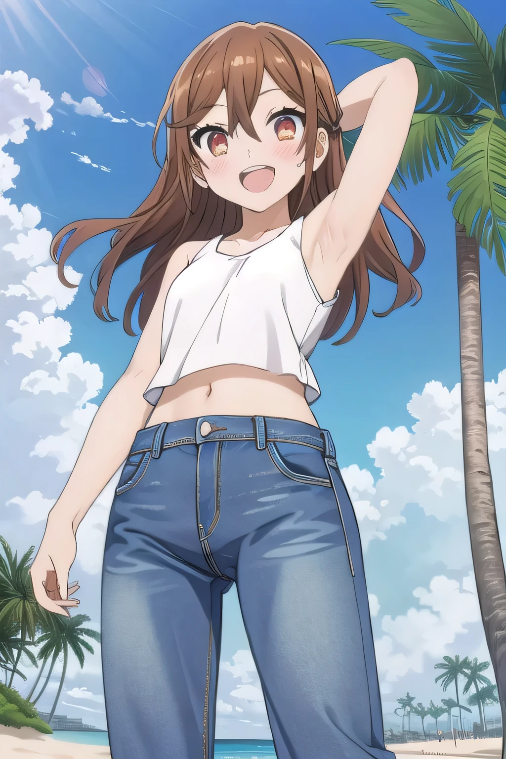 masterpiece,best quality,ultra detail,1girl, 14yo, petite, ((round face, ecstasy, orgasm face, drooping eyes, shame smiling, blush)), dropping eyes, sleepy, background((under the beach, (day:1.2), palm tree, bright sky)), Hori kyouko, long hair, brown hair, arms behind head, contrapposto, spread armpits, looking at viewer,, (white tank top:1.2), (white crop top:1.2), (jeans pants:1.2, flares jeans:1.2, skinny jeans:1.2, blue jeans:1.2), standing, (legs spread:1.2), Sweaty crotch, Steam from the crotch, from below, full medium body