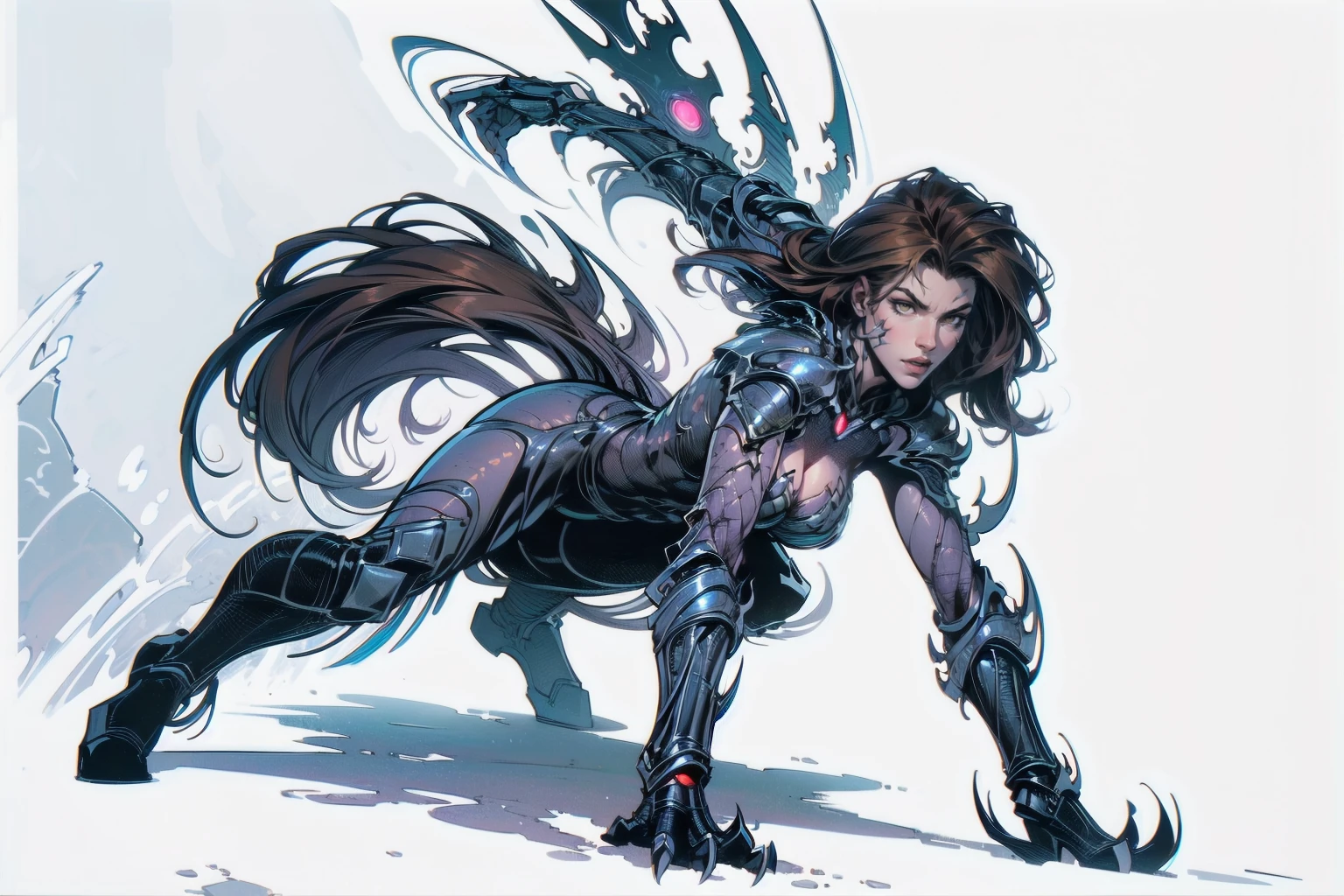 A dynamic and powerful depiction of a female warrior inspired by the Witchblade aesthetic. She has long flowing brown hair and wears an intricate, organic armor that fuses with her skin, glowing with mystical energy. Her pose is confident and commanding, showcasing her supernatural gauntlet-like weapon, which extends into sharp, otherworldly claws. The armor is adorned with sharp edges, bio-mechanical designs, and glowing patterns, emphasizing both elegance and menace. Her eyes glow faintly, hinting at her immense power. The background is stark white, allowing every detail of her form and armor to stand out clearly, creating a striking contrast. , (crawling on the floor), (white background)