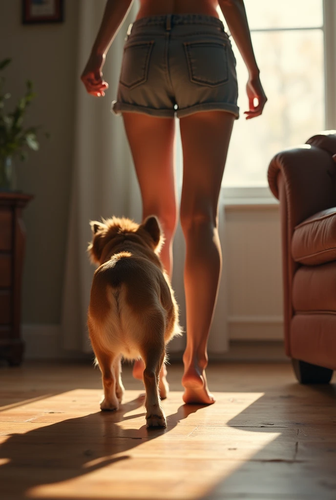 there is a woman standing in a bathroom with a dog, lunging at camera :4, short legs, small white dog at her side, in a gym, side view of her taking steps, with dogs, the dog is doing a ballet dance, dynamic!!, not blurry, walking towards camera