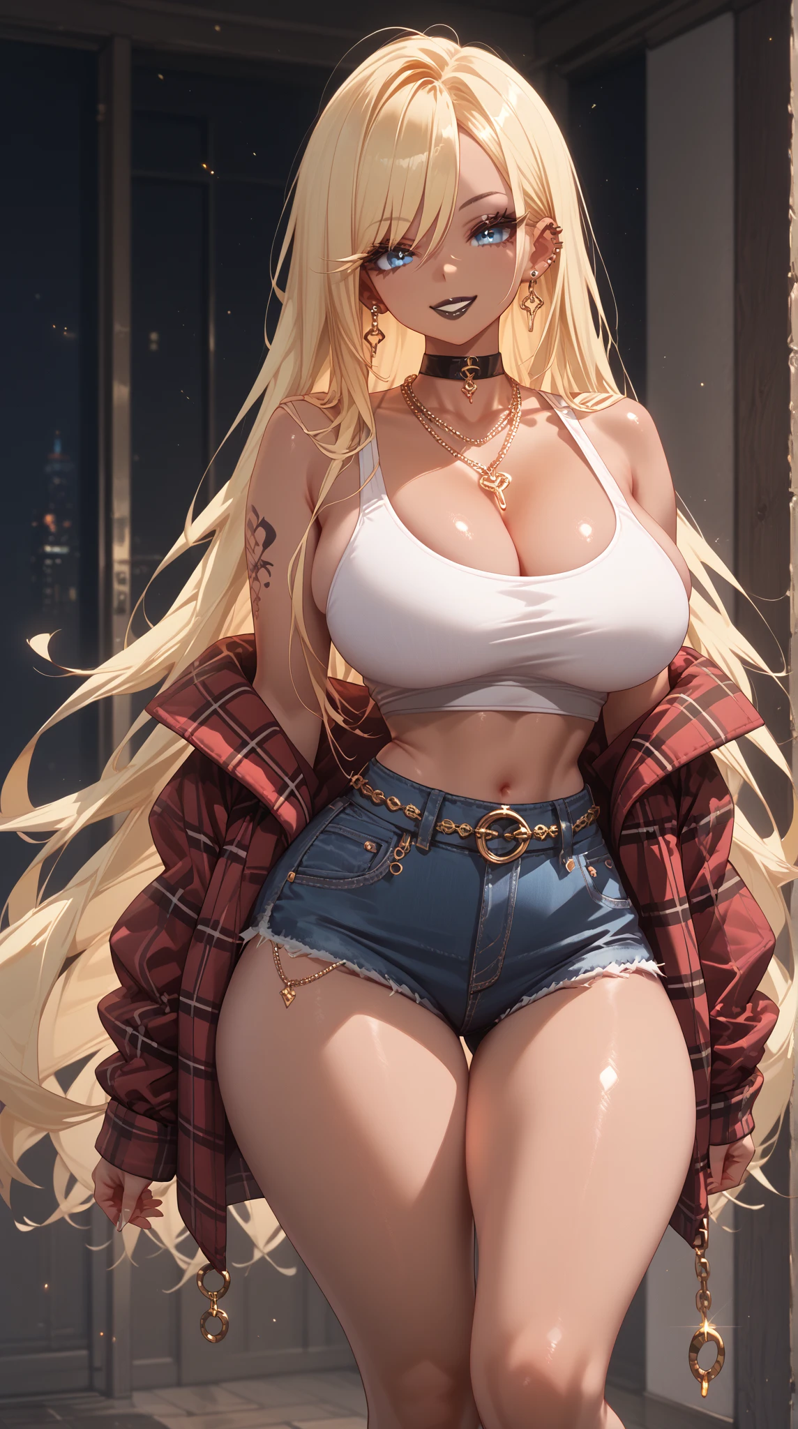 (large round breasts:1.5), cleavage, hourglass figure, curvy figure, huge ass. tall, long legs, big legs, thick legs, wide hips, flat stomach, thin waist, skinny waist, tight white tank top, flannel jacket, super short denim shorts, gold belt, choker, tan skin, Cuban chain necklace, light blue eyes, mascara, super long eyelashes, black eyeliner, black lipstick, black eyeshadow, absurdly long hair, long side swept bangs, yellow hair, ear piercings, facial piercings, gorgeous, sexy, tattoos, smile,