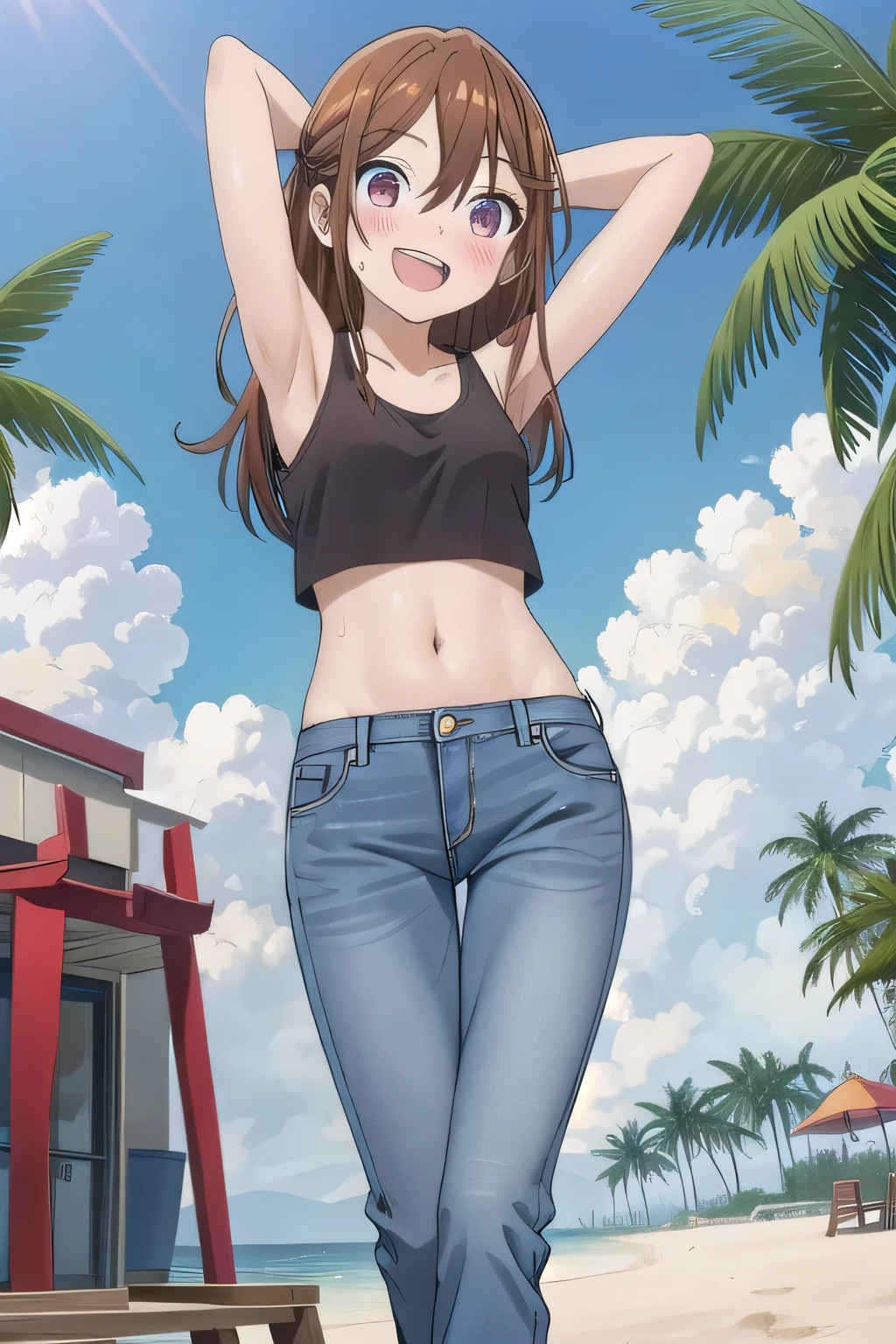 masterpiece,best quality,ultra detail,1girl, 14yo, petite, ((round face, ecstasy, orgasm face, drooping eyes, shame smiling, blush)), dropping eyes, sleepy, background((under the beach, (day:1.2), palm tree, bright sky)), Hori kyouko, long hair, brown hair, arms behind head, contrapposto, spread armpits, looking at viewer,, (white tank top:1.2), (white crop top:1.2), (jeans pants:1.2, flares jeans:1.2, skinny jeans:1.2, blue jeans:1.2), standing, (legs spread:1.2), Sweaty crotch, Steam from the crotch, from below, full medium body