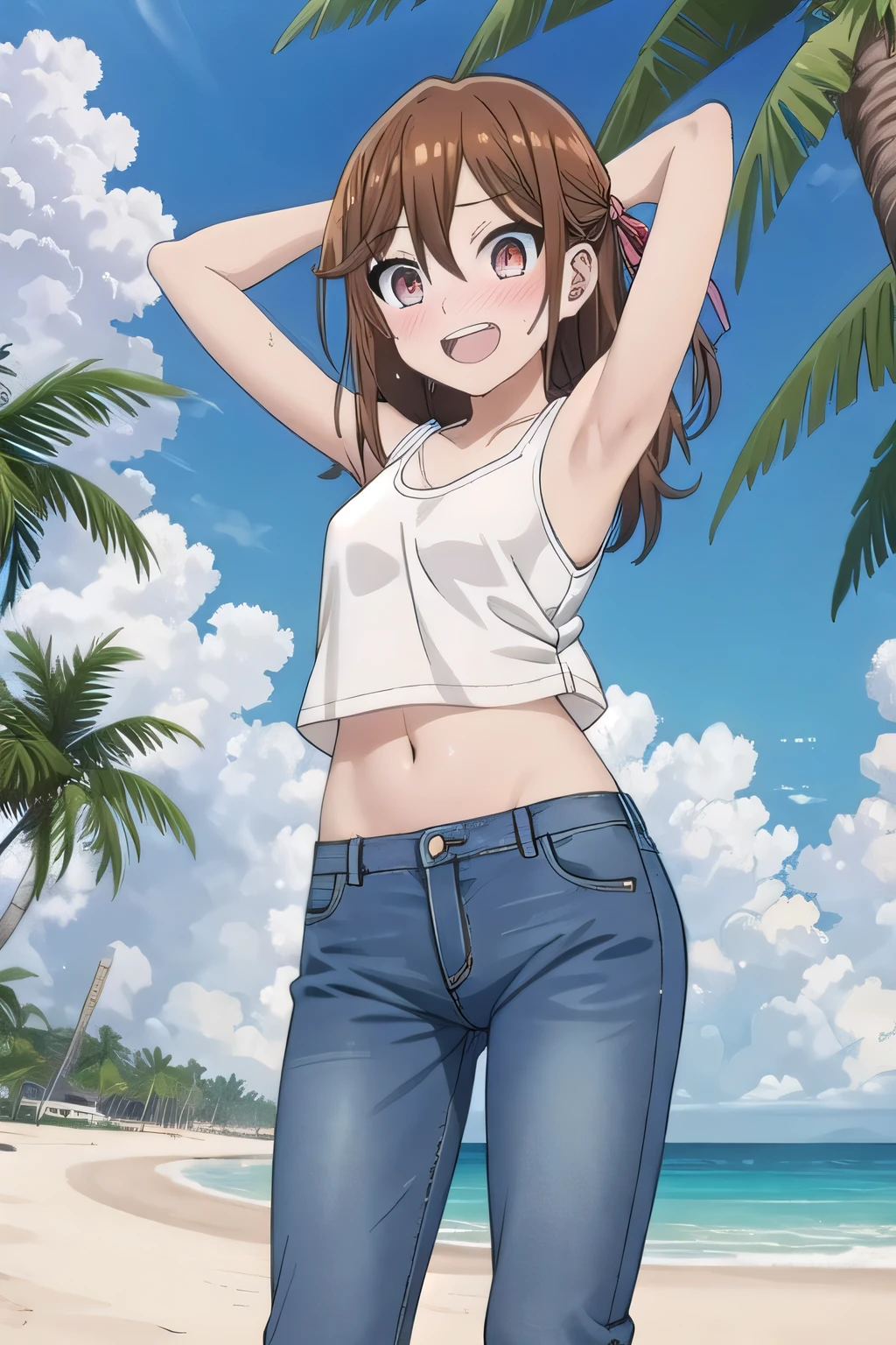 masterpiece,best quality,ultra detail,1girl, 14yo, petite, ((round face, ecstasy, orgasm face, drooping eyes, shame smiling, blush)), dropping eyes, sleepy, background((under the beach, (day:1.2), palm tree, bright sky)), Hori kyouko, long hair, brown hair, arms behind head, contrapposto, spread armpits, looking at viewer,, (white tank top:1.2), (white crop top:1.2), (jeans pants:1.2, flares jeans:1.2, skinny jeans:1.2, blue jeans:1.2), standing, (legs spread:1.2), Sweaty crotch, Steam from the crotch, from below, full medium body