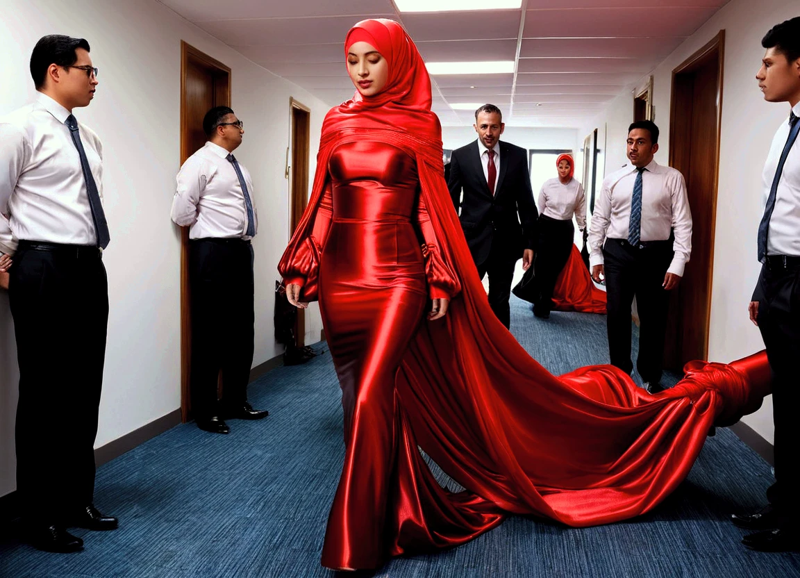 A woman shrouded in a 4-meter-long, plush red satin cloth, tightly bound and grandly draping along the form of her body, flowing off into a pooled floor-length train, styled in a mermaid-inspired outfit, her head modestly veiled in a satin hijab, tall woman, walk in office room, a full-body pose posing in front of people, captured in a 4k resolution, ultra-realistic