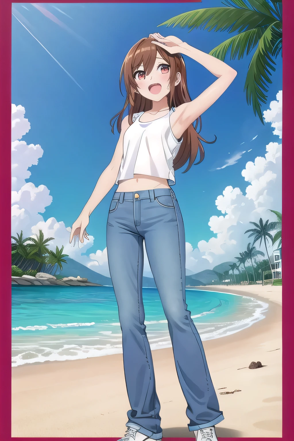 masterpiece,best quality,ultra detail,1girl, yo, pee, ((round face, ecstasy, orgasm face, drooping eyes, shame smiling, blush)), dropping eyes, sleepy, background((under the beach, (day:1.2), palm tree, bright sky)), Hori kyouko, long hair, brown hair, arms behind head, contrapposto, spread armpits, looking at viewer,, (white tank top:1.2), (white crop top:1.2), (jeans pants:1.2, flares jeans:1.2, skinny jeans:1.2, blue jeans:1.2), standing, (legs spread:1.2), Sweaty crotch, Steam from the crotch, from below, full medium body