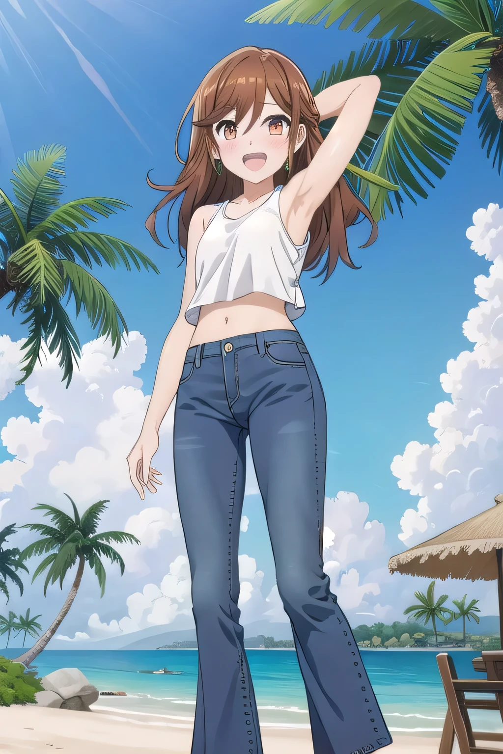 masterpiece,best quality,ultra detail,1girl, yo, pee, ((round face, ecstasy, orgasm face, drooping eyes, shame smiling, blush)), dropping eyes, sleepy, background((under the beach, (day:1.2), palm tree, bright sky)), Hori kyouko, long hair, brown hair, arms behind head, contrapposto, spread armpits, looking at viewer,, (white tank top:1.2), (white crop top:1.2), (jeans pants:1.2, flares jeans:1.2, skinny jeans:1.2, blue jeans:1.2), standing, (legs spread:1.2), Sweaty crotch, Steam from the crotch, from below, full medium body