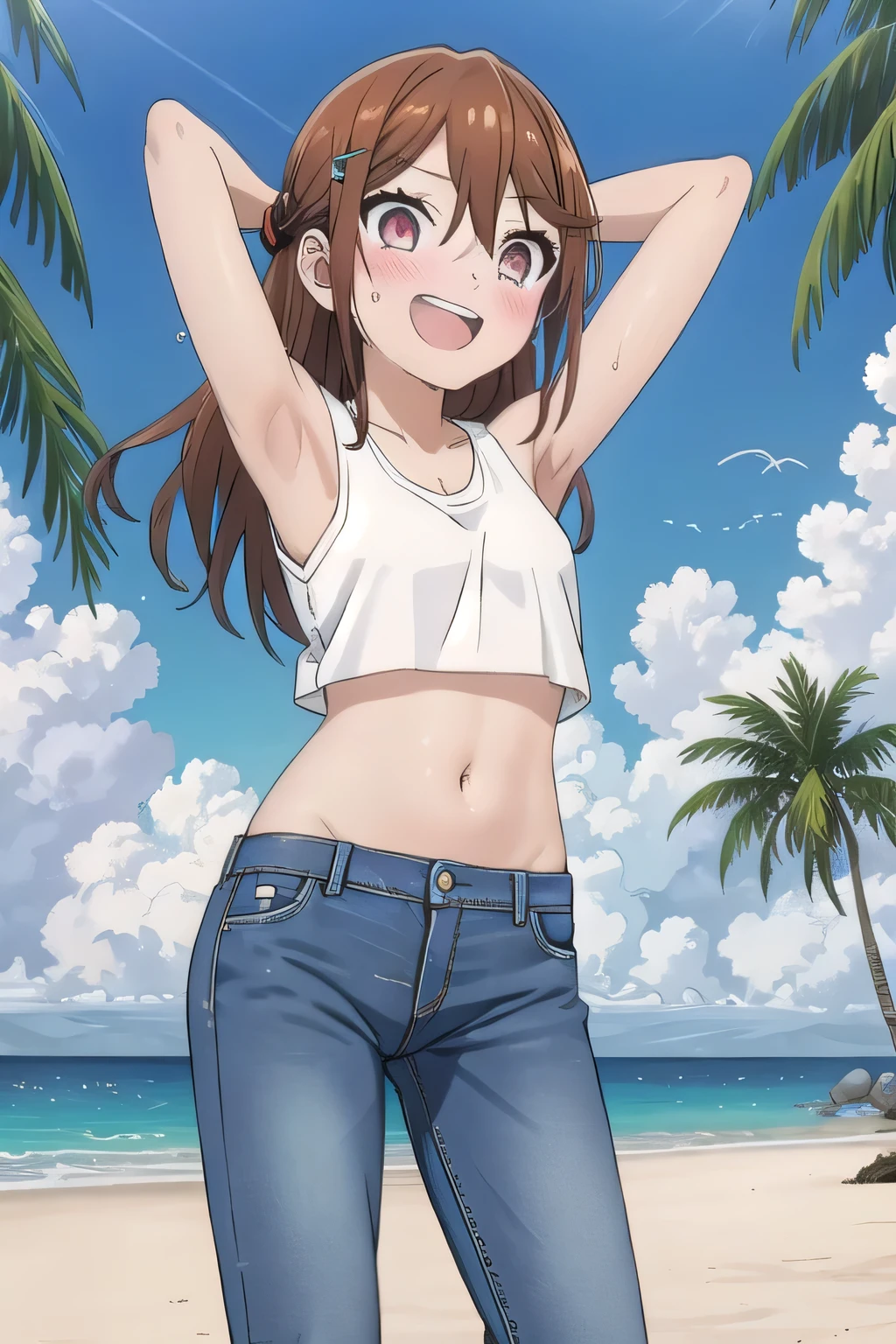 masterpiece,best quality,ultra detail,1girl, 14yo, petite, ((round face, ecstasy, orgasm face, drooping eyes, shame smiling, blush)), dropping eyes, sleepy, background((under the beach, (day:1.2), palm tree, bright sky)), Hori kyouko, long hair, brown hair, arms behind head, contrapposto, spread armpits, looking at viewer,, (white tank top:1.2), (white crop top:1.2), (jeans pants:1.2, flares jeans:1.2, skinny jeans:1.2, blue jeans:1.2), standing, (legs spread:1.2), Sweaty crotch, Steam from the crotch, from below, full medium body