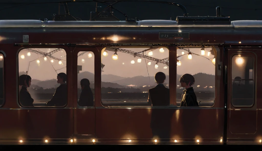 ((masterpiece, )),  High Resolution , 8K,  Movie Lights ,  high contrast ,train,Outside the window, Scenery