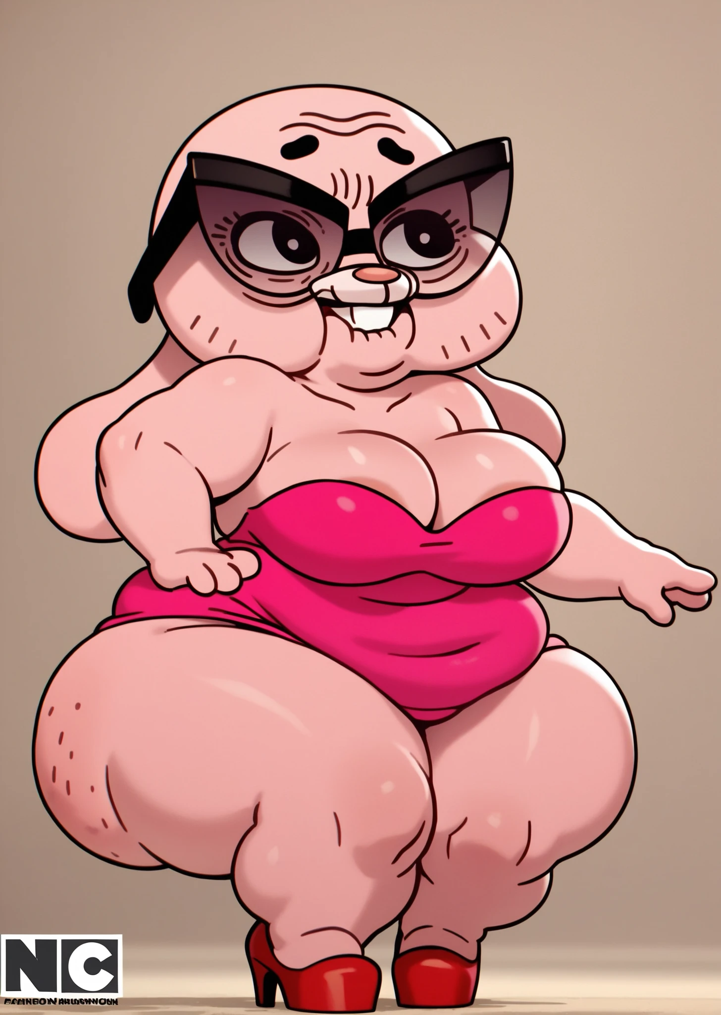 score_9, score_8_up, score_7_up, source_cartoon, solo, 1girl, furry cat elderly anthro female, Glasses , pink hair Styles , short dress, Huge Breasts ,slightly chubby , lipstick,eyeshadow ,makeup