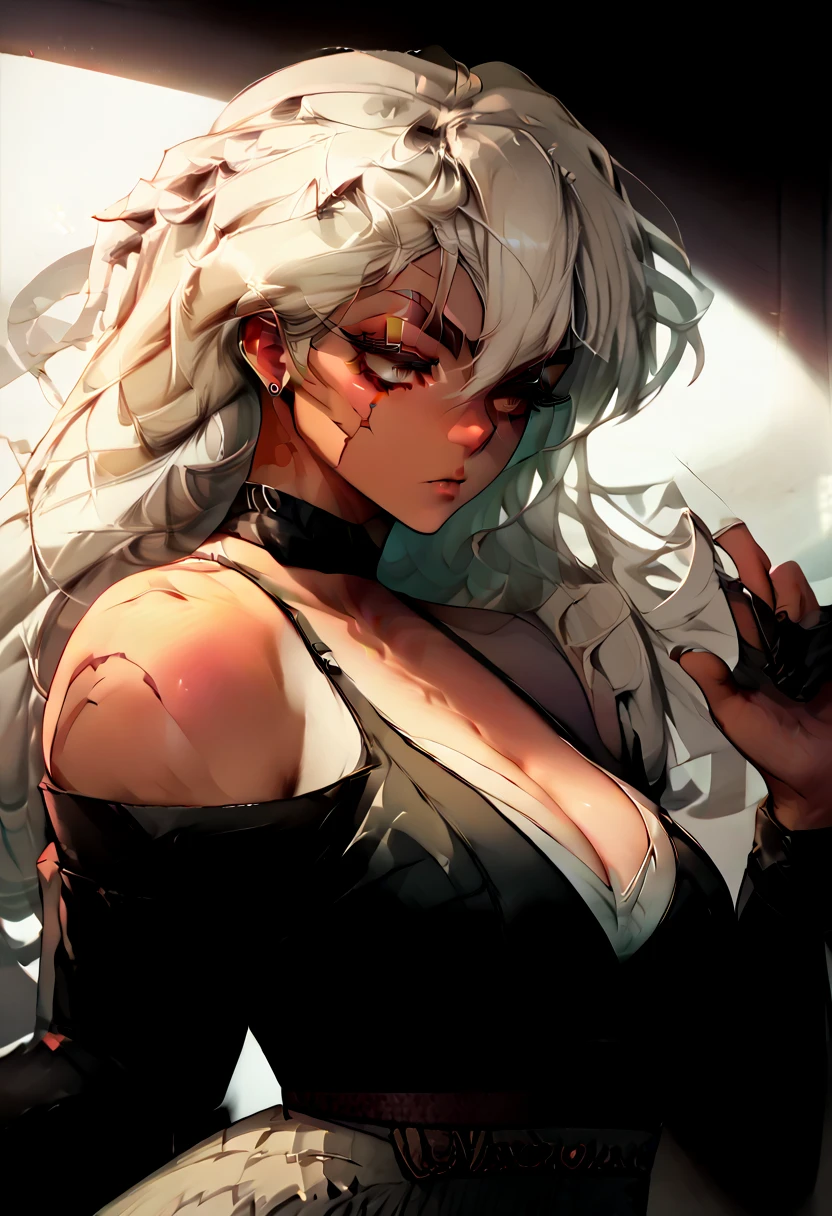 (Masterpiece), dynamic shadow, highly detailed, portrait shot, side profile, epic anime, art, 1MILF, tall, scars, tan skin, white long hair, hime cut, bangs, color eyelashes, long eyelashes, thick eyelashes, grey eyes, abs, crop top, assassin dress, knee high leather boots, holding katana, sharp eyes, elegant, piercing eyes, thick thighs, cleavage, bare shoulder, wide hips, thigh gaps, hair between eyes, black leather gloves, laced trim, business setting, conference room indoor, dark lighting, 