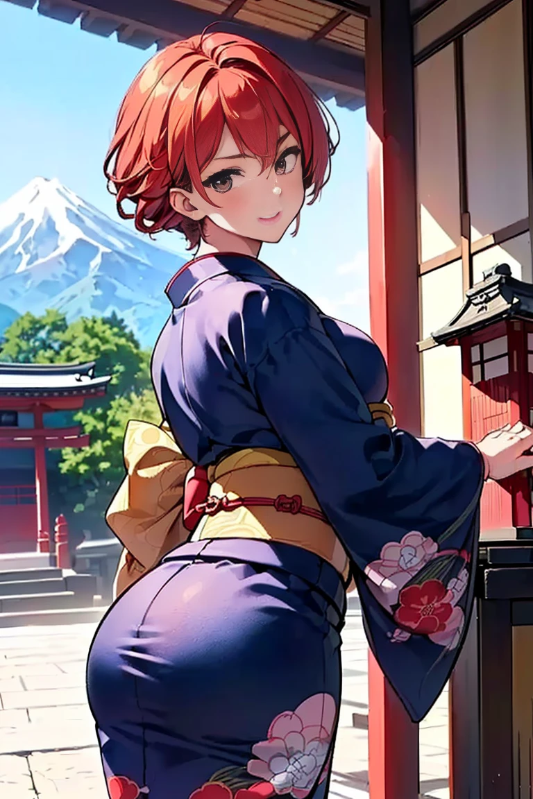 masterpiece, Top Quality,Ultra HD Explained,Full HD,16k,   super resolution  ,  accurate human body,  correct human anatomy  ,A fascinating scene ,  charming smile like snow,((shrine,格式高い日本のshrine, beautiful mountains in the background,In front of the main shrine)),(((((   is standing:2.0,Sexy Moves)),  one woman:2.0,  stares at viewers,((  very short hair,   hairstyle_Fantastic, Organizing the back of my head  ,  Bright Red Hair  ,  Dark Eyes,thin, Narrow eyes,  tanned skin  ,  muscularity,  bodybuilder , big excited muscles  ,  detailed skin,   beautiful skin)),(  open your eyes, An attractive body that looks more mature than its age _  Far Beyond Age:1.5,  balanced body:1.6,  long legs  ) ((  abnormally large breasts  , P cup breasts ,  deep cleaves )),((((Long-sleeved kimono_red_Red))),(((華やかな色彩のLong-sleeved kimono:1.2))),18 years old,  Japanese,Colours of the 90s,    cowboy shot ,   active angle ,  anime celltones  ,  Highlights Muscles :1.8.