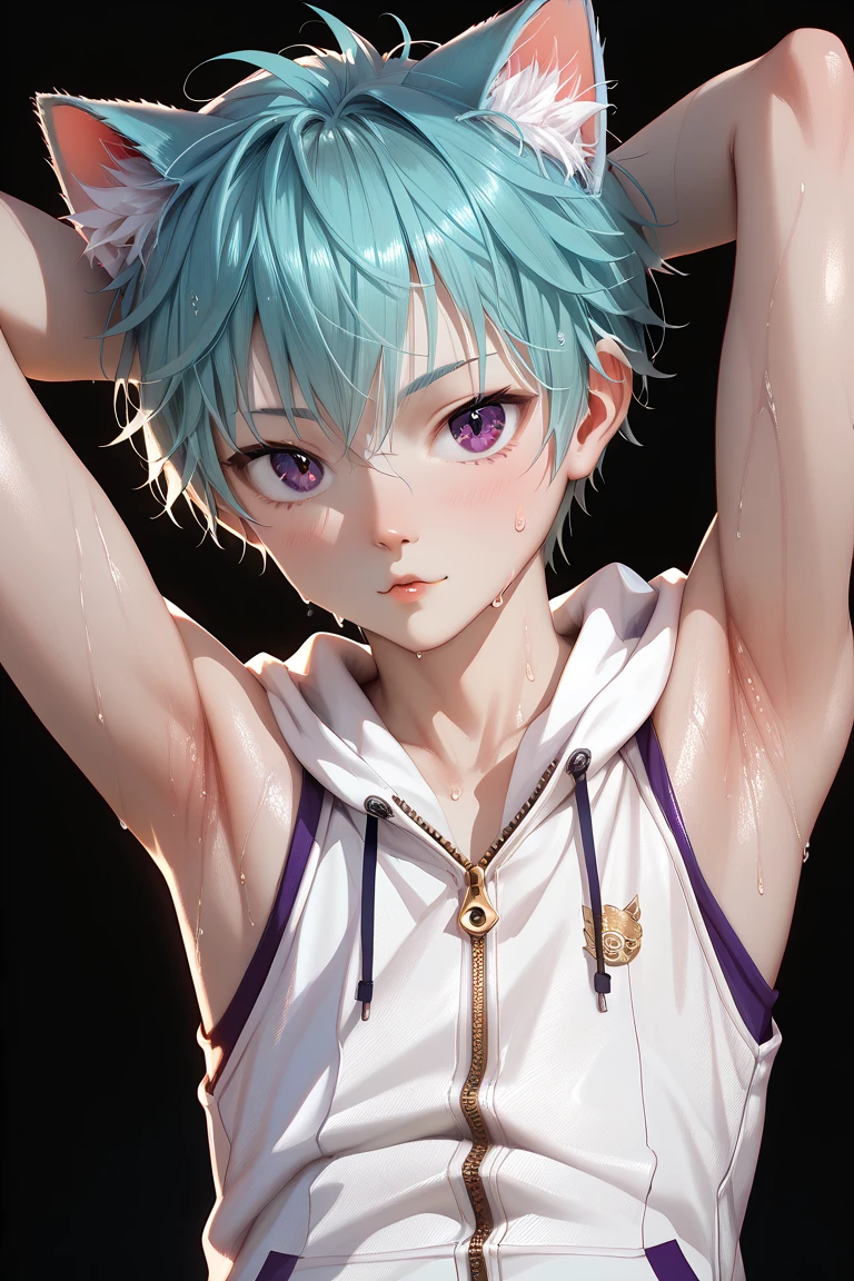 Sweat armpit, young boy, white sleeveless hoodie with zipper, showing armpit, sporty, cyan hair, dark purple eyes, detailed eyes, anime, cat ear, SDXL (1:2), detailed, HD