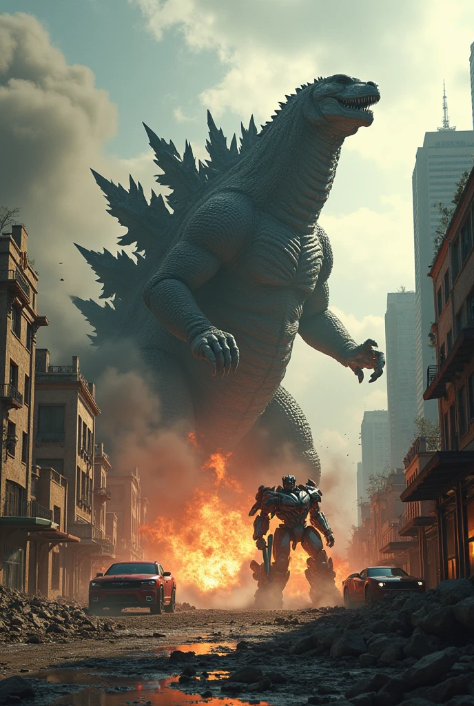two Godzillas are fighting ,In a city,There are small fighters in the air,There are many vehicular pedestrians on the ground