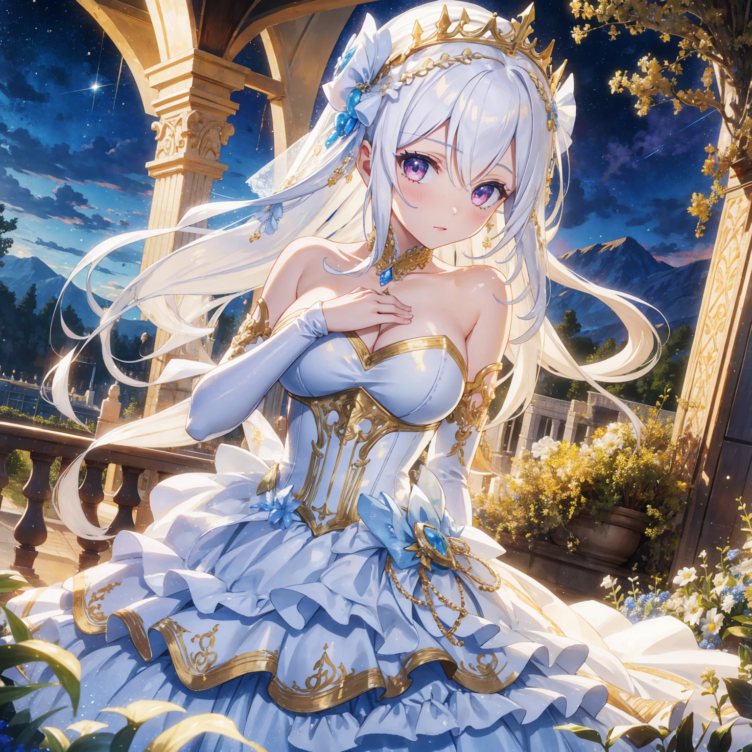 highest quality、masterpiece、8k、Realistic、超High resolution、Very delicate and beautiful、High resolution、Cinema Lighting、medium range shooting、Portraiture、Perfect female body、Beautiful woman、Mature Woman、Opposition、(Big Breasts:1.4)、Looking at the audience、(Princess of Another World、Gorgeous dress、crown、Shining Jewels、Long white hair、Blue Eyes、Graceful behavior、Palace Gardens、A delicate tiara、Silk gloves、Embroidered gown、Royal coat of arms、Gold Jewelry)、Throne Room、A graceful smile、traditional ceremony、Palace balcony、Historic royal family、Otherworldly background、Symbol of the Kingdom。