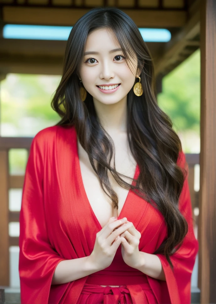  Two very beautiful Japanese women are praying at the shrine，((Wavy long hair in a flashy red kimono ))，(神社でお参りしている)，23 years old， brown hair，大きなchest， beautiful feet，  high resolution, chest,  long hair,  eye catching ,  high resolution, masterpiece,  anatomically correct,  detail , 高い detail ,  Ultra Fine,  Textured Skin,  brown hair, 大きなchest,  earrings for women with first name,  smiles,  New Year，first visit of the year to a shrine， Shrine Precincts 