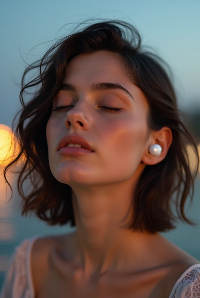 a beautiful girl hearing a earbuds