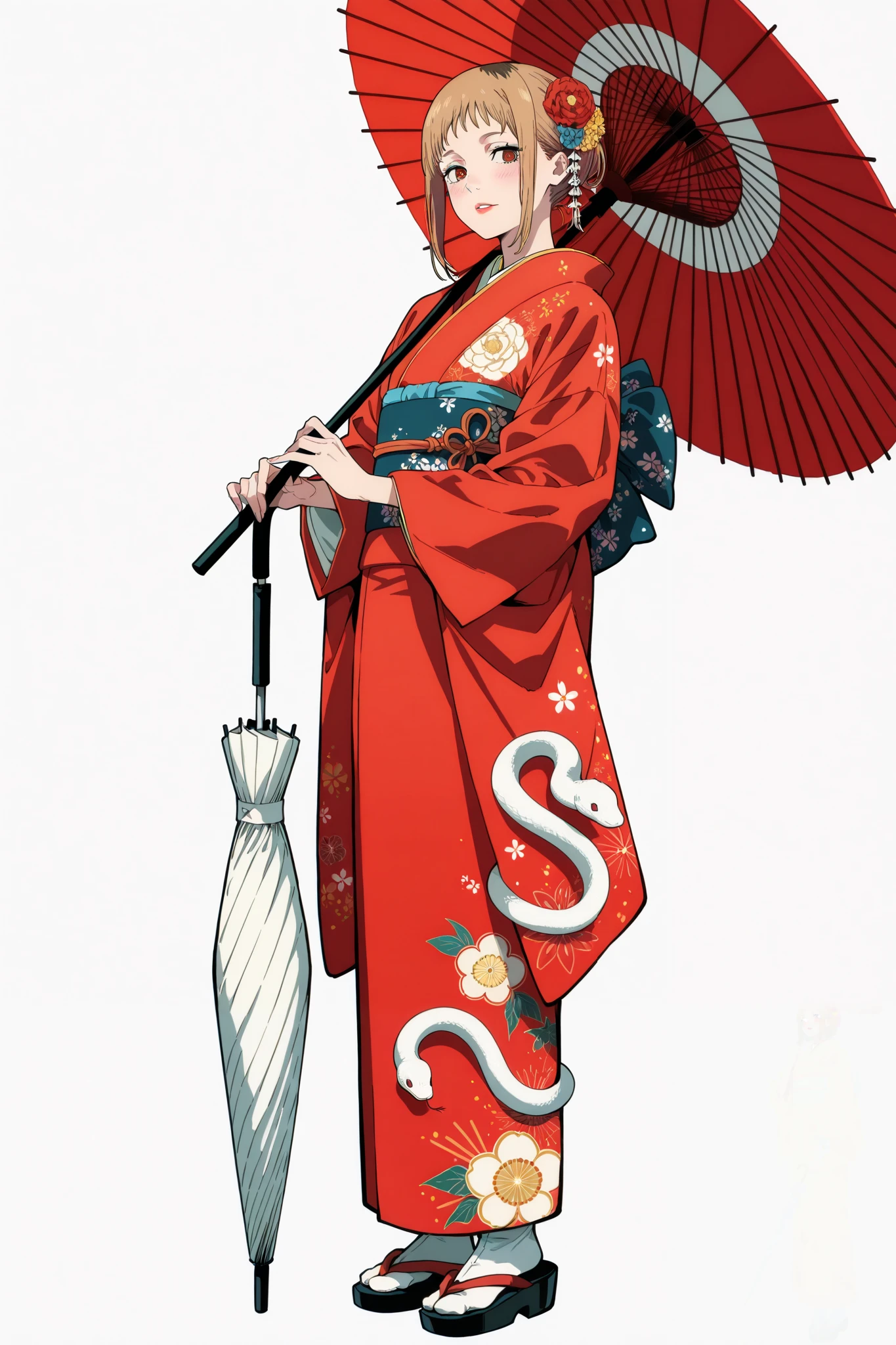 (Sh1r3n:1.2), chainsaw_man_style, 1girl, sawatari akane \(chainsaw man\), chainsaw man, 1girl, 
umbrella, oil-paper umbrella, japanese clothes, kimono, flowers print, red umbrella, holding umbrella, 1girl, print kimono, hair flower, hair ornament, solo, holding, red eyes, red kimono, parasol, long sleeves, standing, wide sleeves, blush, looking at viewer, short hair, parted lips, full body, obi, bangs, red lips, sash, white umbrella, white background, furisode, tabi, white legwear, white background, white snake wrapped around the arm.