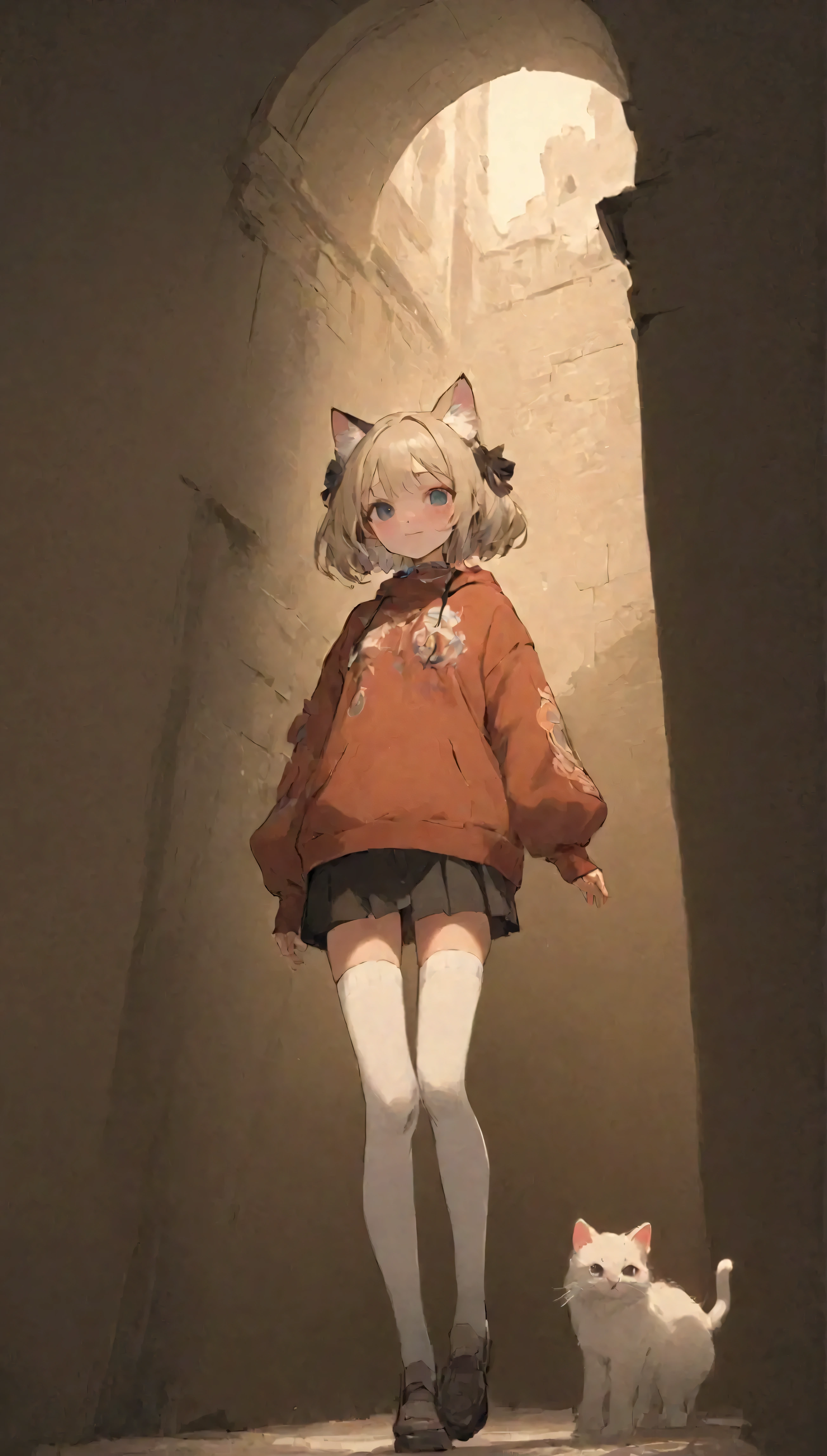 Quite strong deformation、   cute anime girl with small head and body 、    cute cat ears smiling   、Bold poses、 dreamy cute  、Sickly cute、    simple oversized pullover    、   knee-high socks  、Ancient city background 、Poster Style、flat-colors、  A meticulously calculated   、Placed motifs、HIGH QUALITY DESIGN  、   kitschy aesthetics  