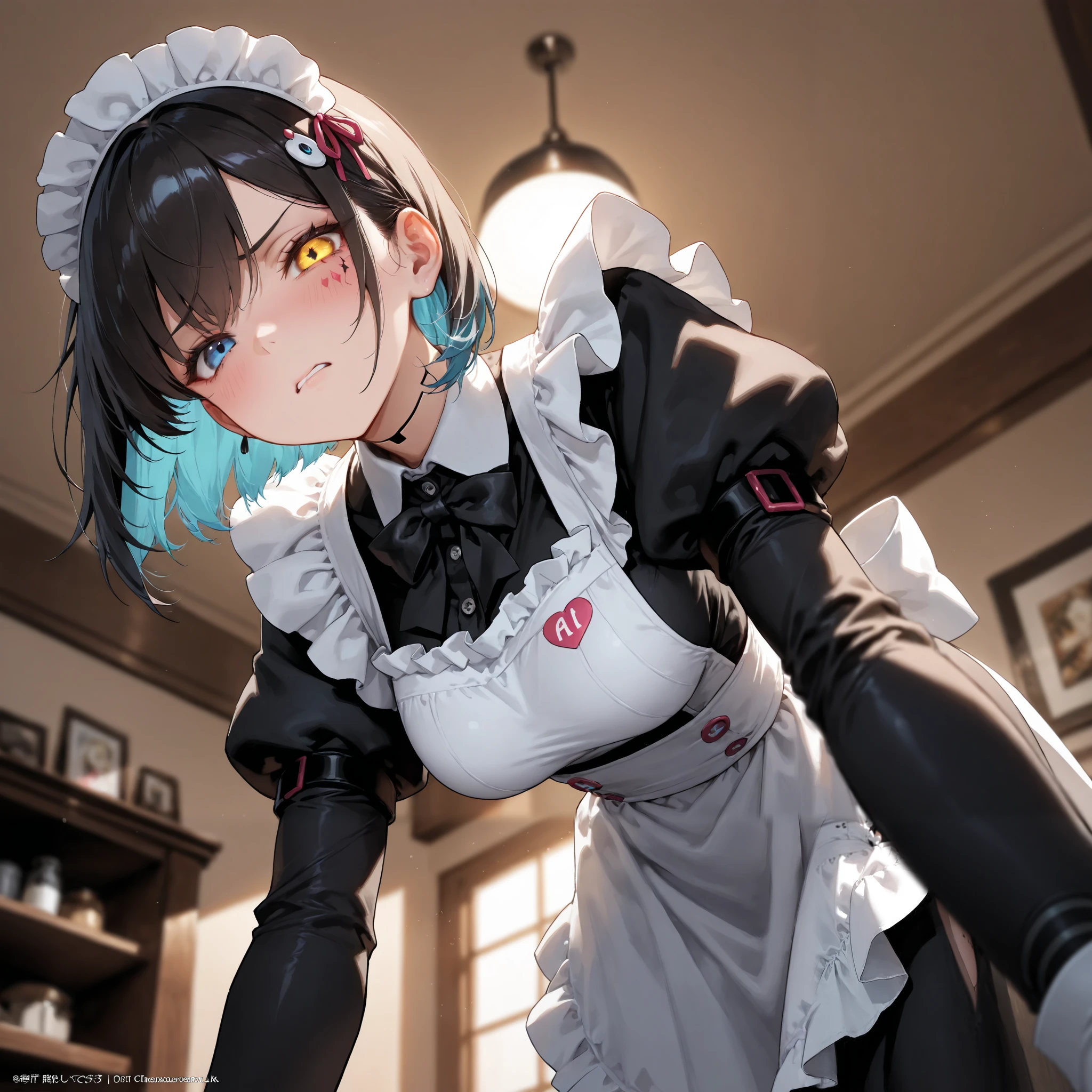 from below, cowboy shot, A bow, bent over, very cute face, maid costume, android girl, heterochromia, Disgustful expression, joint, headdresses, apron, No.25 number ethereal tattoo, (best quality,4k,8k,highres,masterpiece:1.2),ultra-detailed,intricate details, high fashion, dramatic lighting, warm colors, chiaroscuro