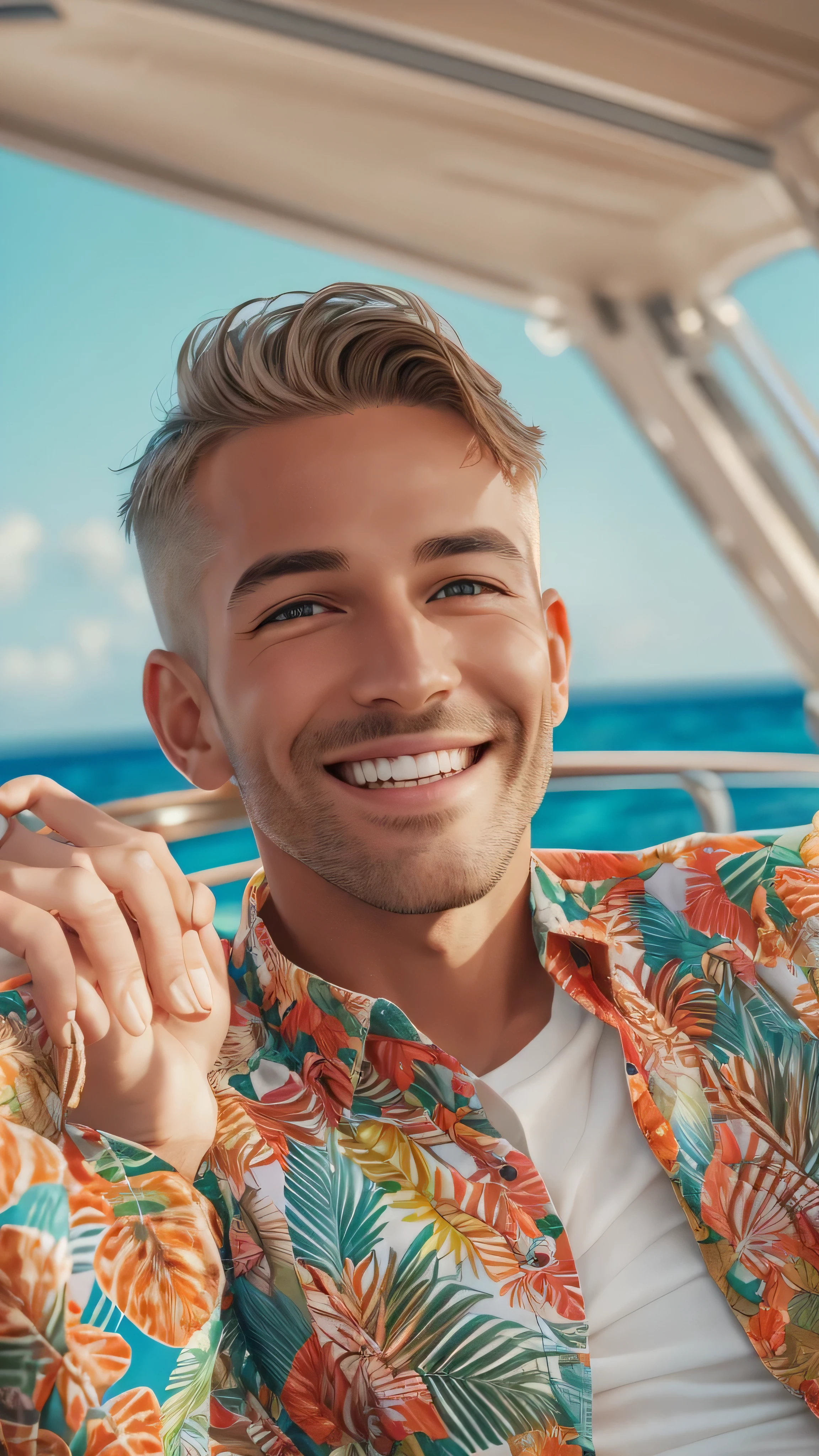 Male short hair, born, Super high resolution, 8k,  is looking at the camera, On a yacht at sea, Vacation Photos, Paradise Island, Colorful Hawaiian button-up shirts, Frank,  amateur ,  natural light, A perfect day, [smile]