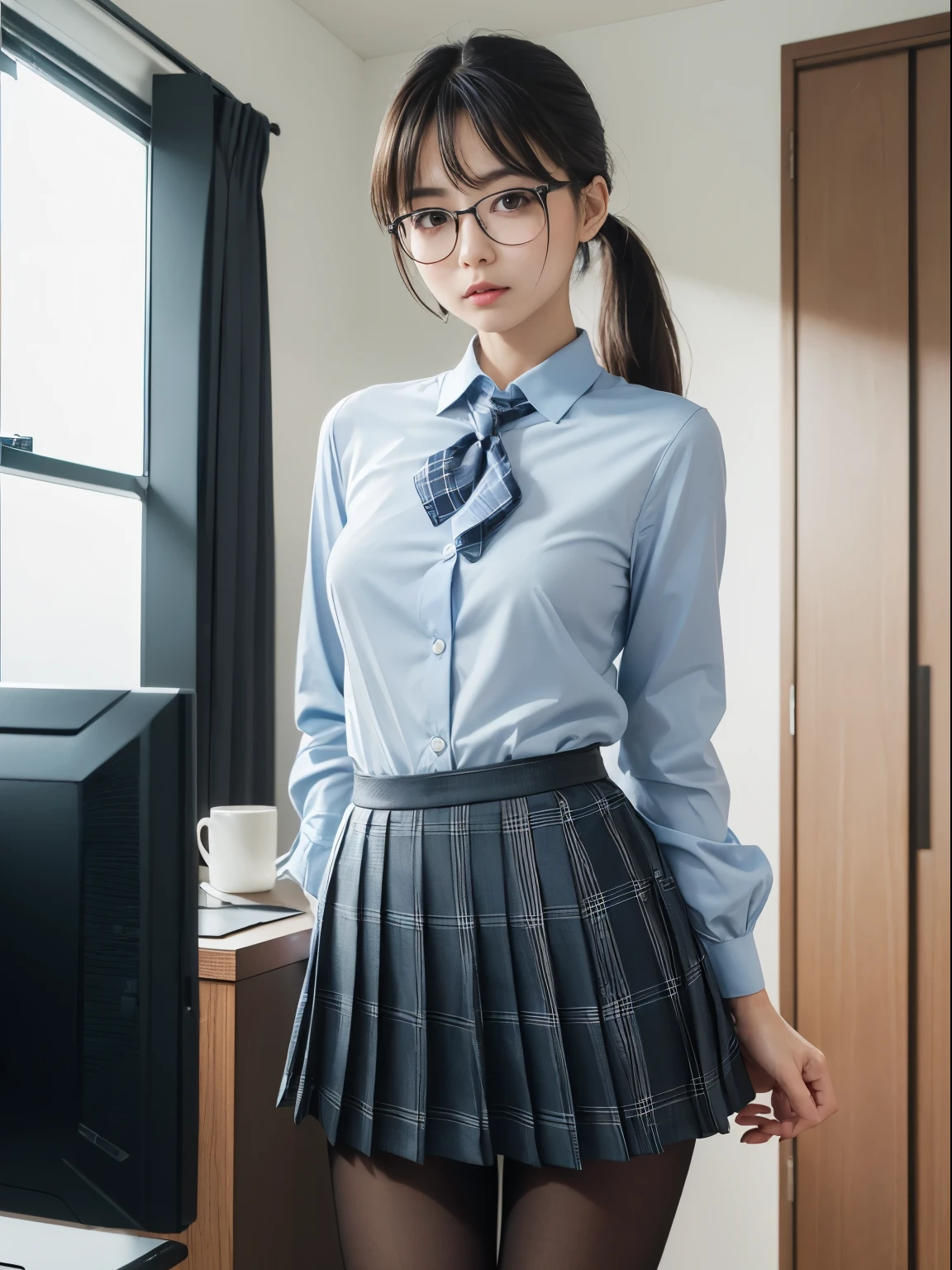 (Underwear is visible)、((Narrow-eyed))、((Narrow-eyed))、((Narrow-eyed))、(8K、Raw photography、top-quality、​masterpiece：1.2),、Has a small、(flat breast)、(flat breast)、(flat breast)、(flat breast)、(flat breast)、(being thin)、light skinned、skin whitening、Dark look、Rasping,glamor,Chromo-white skin,cocky,School,watching at viewers,Looking at the front,Muchimuchi,High-pitched clothing,Erotic,Pupils,de pele branca,kne,((Black pantyhose)),absurderes,a small face,,Forehead visible,Bangs hanging from the left and right sides of the forehead,(a cold expression,Tight eyes,glares,Bullish,irate)、​masterpiece,top-quality、超A high resolution,Raw photo,ren,Beautiful fece,One Person, 独奏,eye glass,,Dark look,Small breasts,fullllbody,Round glasses,JK school uniform,hi-school girl,A Japanese Lady,is standing,（Photorealsitic：1.37）、Photon mapping,Realistic、Beautie,Cute little face,Brown-eyed、Black socks、(Red bow tie)、Radio City、Physically Based Rendering、depth of fields、Blurry background、a picture,Body,beauty legs, Long legs, Thin leg,(Bangs are visible), hair, s lips, Blue_The eye, nosesoft,(Light blue shirt), (Navy and blue and white plaid pleated skirt), Knees are visible,Sheer clothing,, Thigh, Black cotton socks,Nogizaka Idol, 女優, Japanese ido