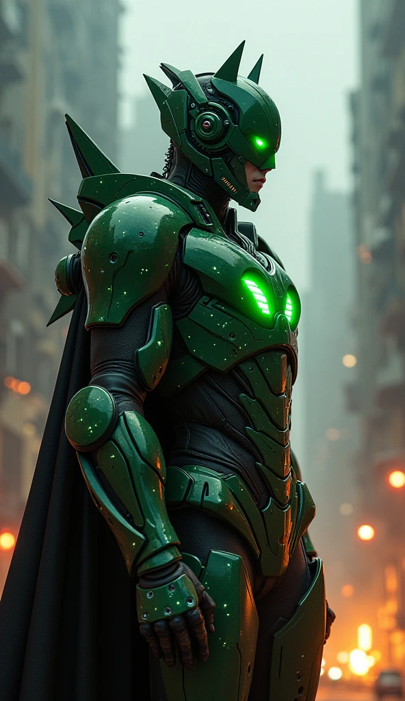 Batman Green Lantern from DC photography, biomechanical, complex robot, full height, hyper-realistic, insane small details, extremely clean lines, cyberpunk aesthetic, a masterpiece featured at Zbrush Central