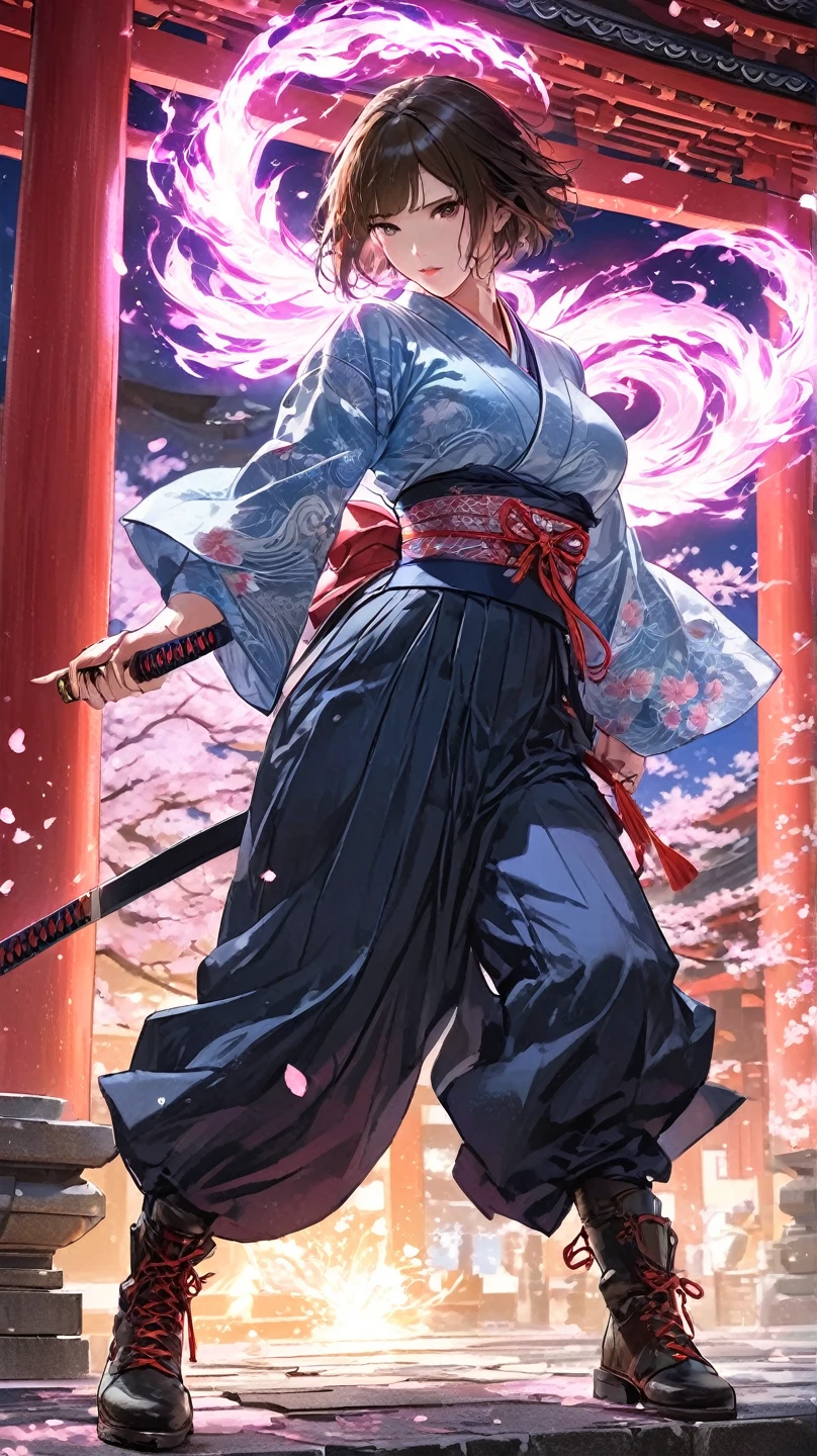 (((((roll up bandage sideways on a  chest tightly to cover the chest without gaps))))),  (((bandage samweways))), the bantage is no chest shape, flat chest, ((Japanese Gangster BOSS)), adult woman with the dignified presence, Killing Qi, wear nothing around shoulder, wear nothing around neck, wear the kimono, wear it below the waist, (I wind it up to control it, and to attach it),  ((kimono come off)) ,wear the kimono multiple times, Bare shoulders and the clavicle, black and gold kimono, put on over jacket of kimono, (holding a japanese sword which shine in purple, The handole of the sword is black, and the blade is gray, long sword), eye fire, low angle, whole body, bandage is seen, anime character, Glaring, off sholder, nappropriate smile, Excellent, black blue hair, can see both shoulder, ((long kimono hem)), small face, ((some cherry blossam big tattoo on the arm)),((Sit with your legs folded)), ((background Japanese gate with circlr mark)),muscular,drink sake,fullmoon in the sky, The kimono is spreading,(((ultra-detailed))),super beautiful,Masterpiece,Killing Qi,Intimidation,zoom up