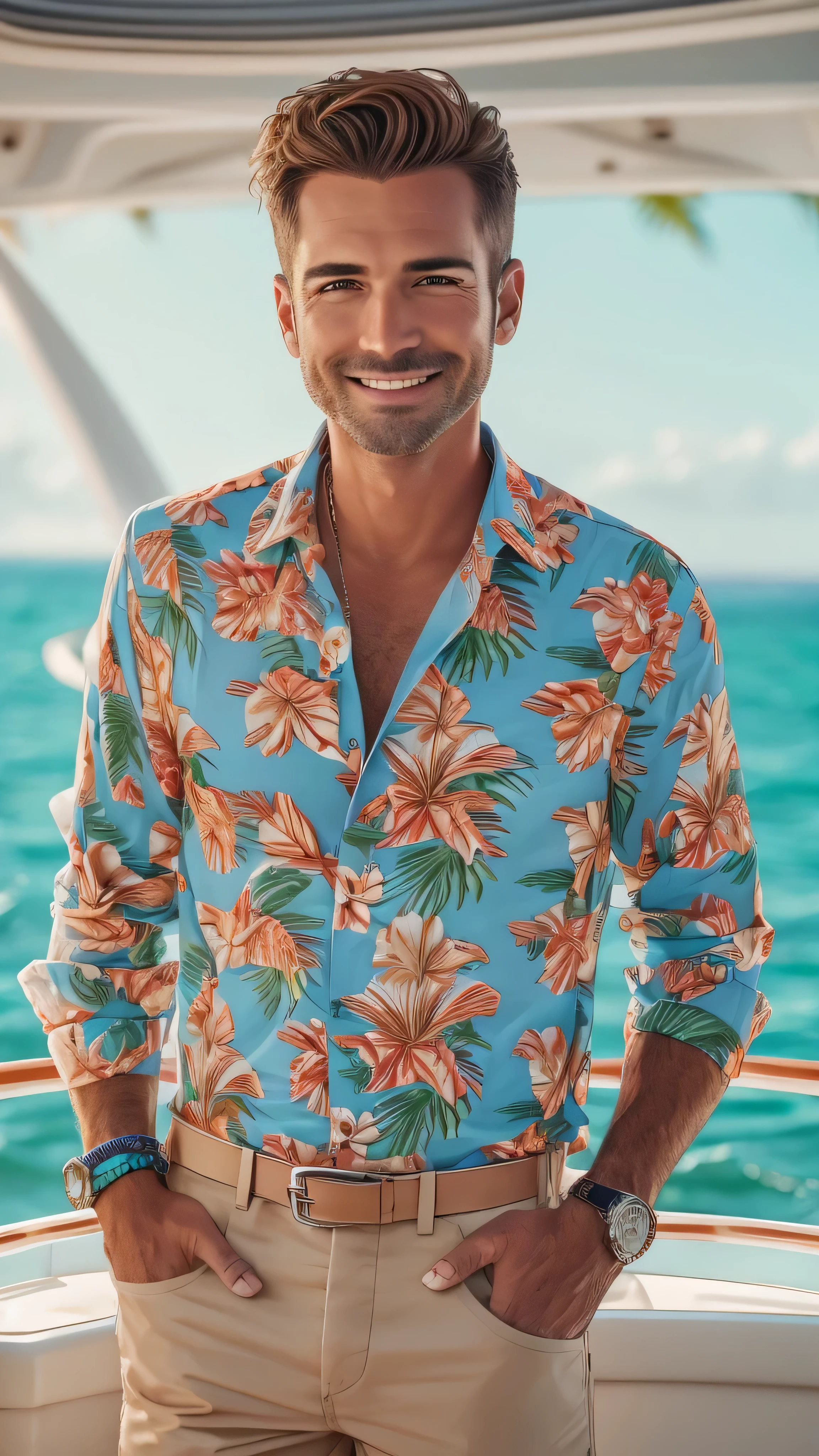 Male short hair, born, Super high resolution, 8k,  is looking at the camera, On a yacht at sea, Vacation Photos, Paradise Island, Colorful Hawaiian button-up shirts, Frank,  amateur ,  natural light, A perfect day, [smile]