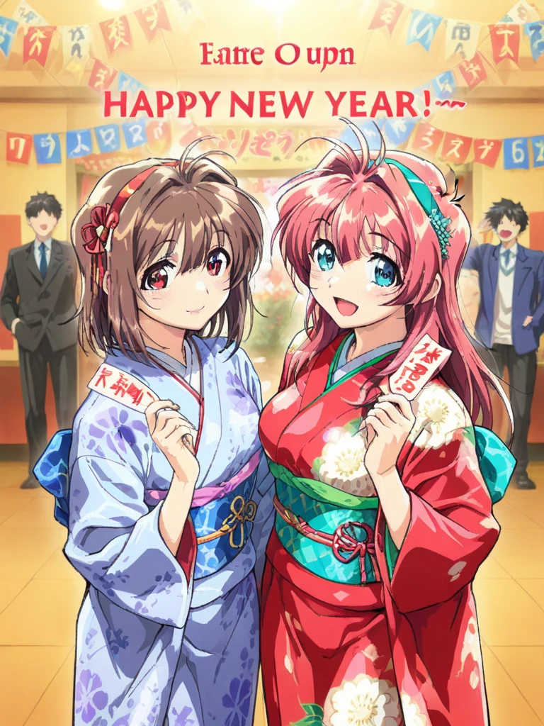 masterpiece, best quality, two girls, 
KawaiRie, short hair, brown hair, red eyes, large breasts,
MizunoMakoto, long hair, red hair, pink hair, aqua eyes, large breasts, hairband,
Furisode, party, party, new year party, new year party 2025, happy, a happy new year,