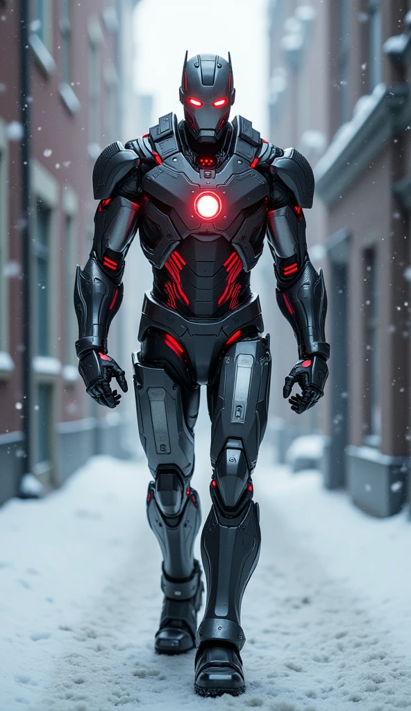 In the same snowy, ominous alley, a terrifying hybrid of Iron Man and Ultron strides forward with an imposing presence. The figure’s body is a seamless blend of Iron Man’s sleek, technological design and Ultron’s sinister, angular frame. The armor is a dark metallic gray with veins of pulsating red light coursing through it, as though alive. The chest arc reactor burns intensely, resembling Ultron’s menacing visage. Its glowing red eyes pierce through the snowy darkness, and the figure’s movements are unnervingly smooth and deliberate. The hybrid’s arms and shoulders are reinforced with cybernetic enhancements, and its hands bristle with energy, ready to unleash destruction. Snow swirls around the figure, and its metallic footsteps echo ominously through the narrow alley. The atmosphere is thick with dread, as the hybrid’s very presence exudes power and domination.  