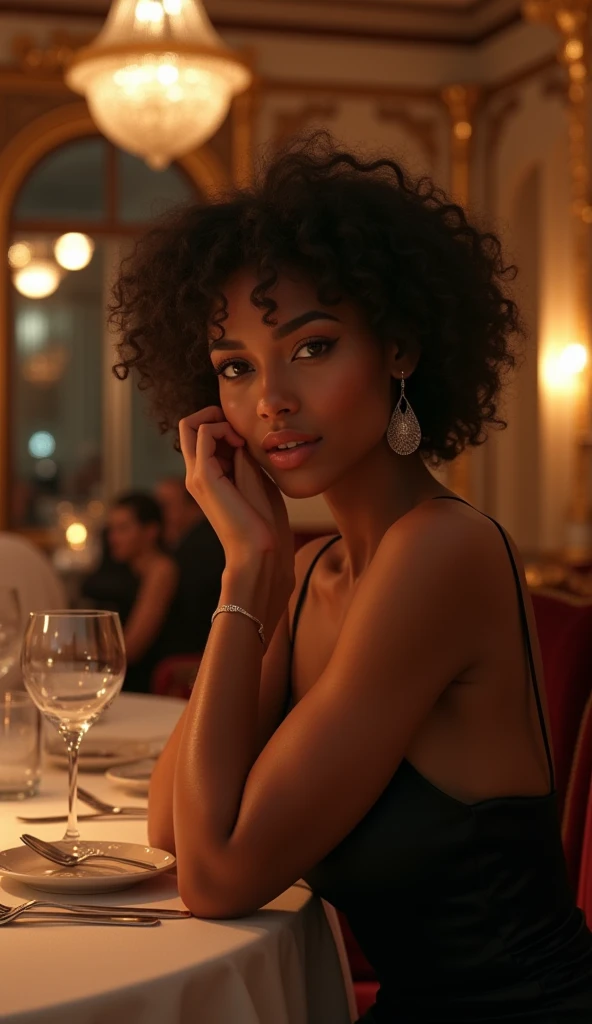A cold black skinned woman, curly and brown hair, olhos amendoados, full mouth, red lipgloss stick, dressed in a sapphire blue dress, in a coffee shop