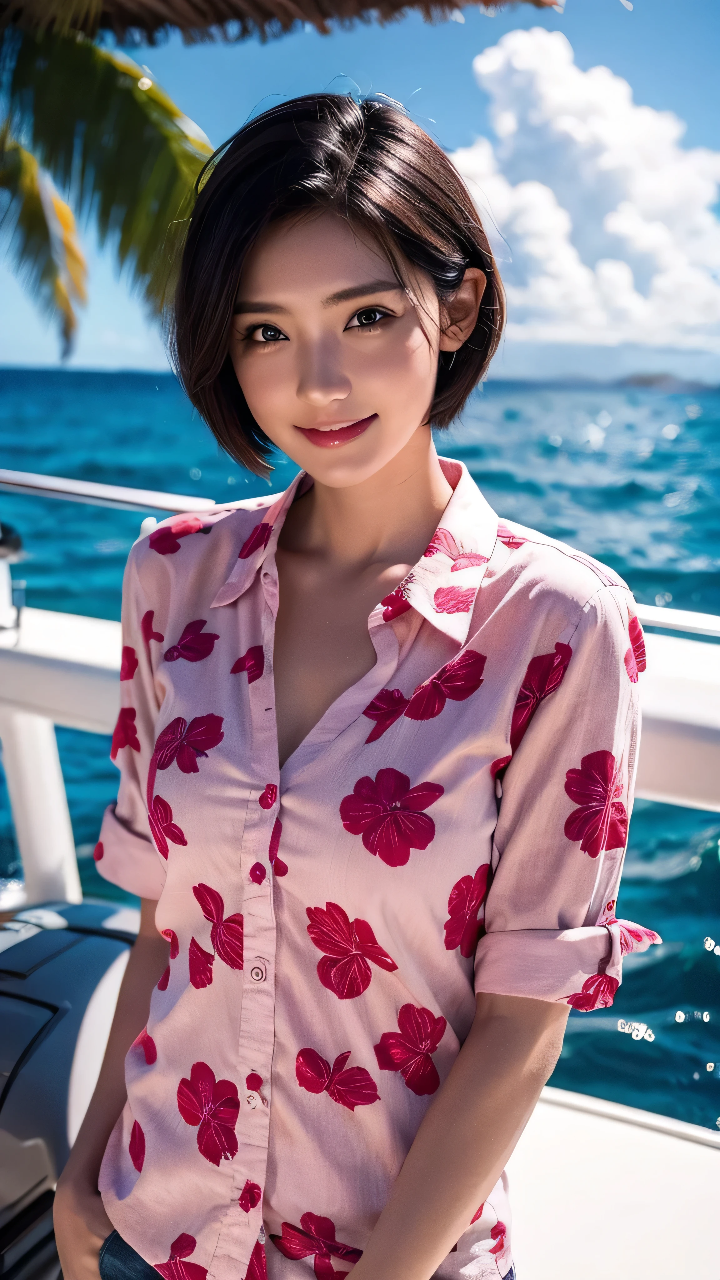 Male short hair, born, Super high resolution, 8k,  is looking at the camera, On a yacht at sea, Vacation Photos, Paradise Island, Colorful Hawaiian button-up shirts, Frank,  amateur ,  natural light, A perfect day, [smile]