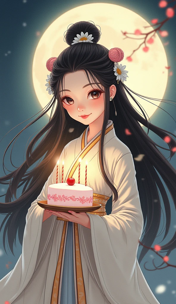 Long-haired girl in Hanfu,Holding the birthday cake,(Full moon),Ancient Chinese style,Fairy air fluttering,(Chang'e fairy),(mid-autumn festival),Soft moonlight,young goddess, Ink painting style,A detailed face,A detailed face,Quiet moonlight