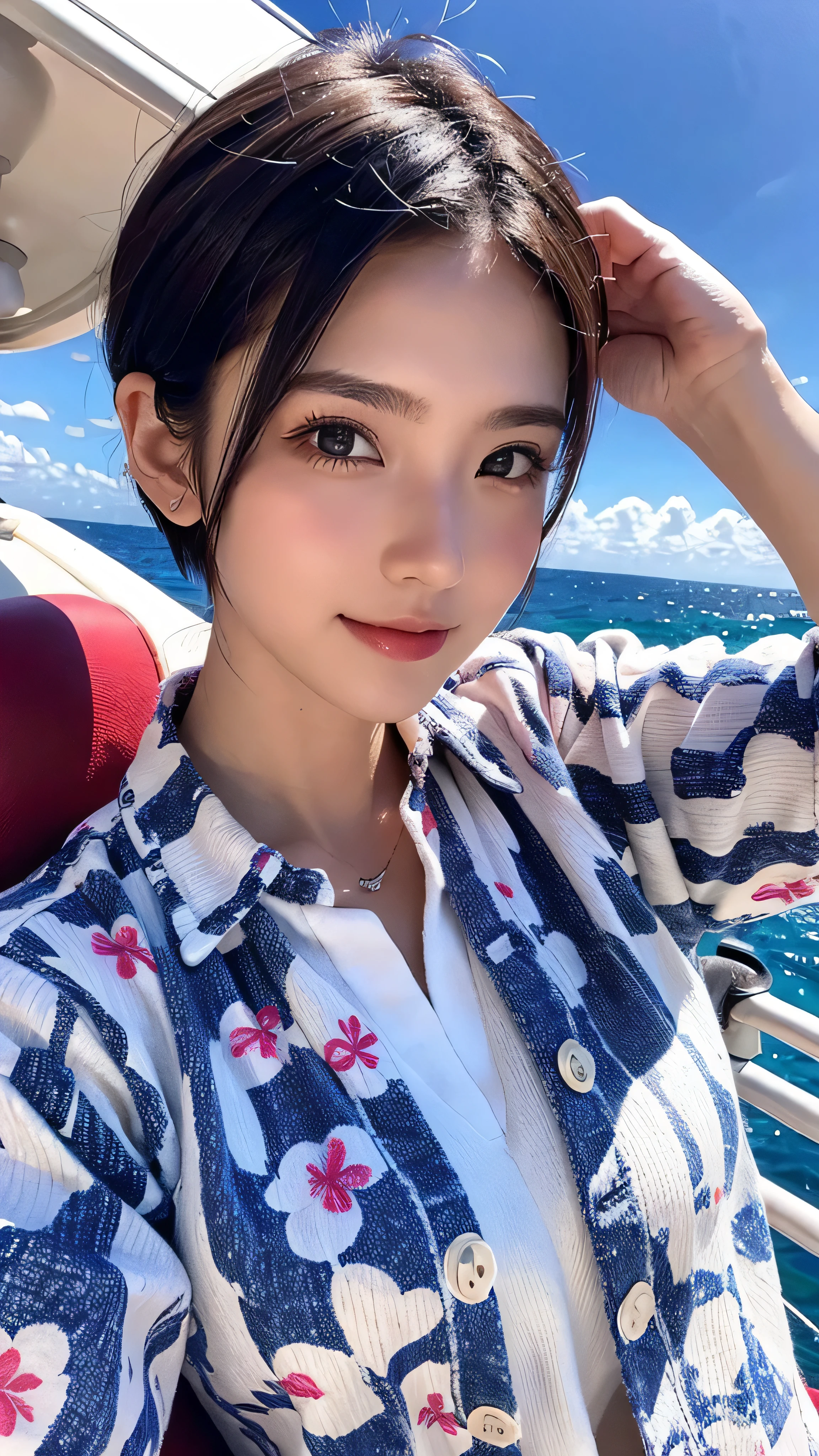 Male short hair, born, Super high resolution, 8k,  is looking at the camera, On a yacht at sea, Vacation Photos, Paradise Island, Colorful Hawaiian button-up shirts, Frank,  amateur ,  natural light, A perfect day, [smile]