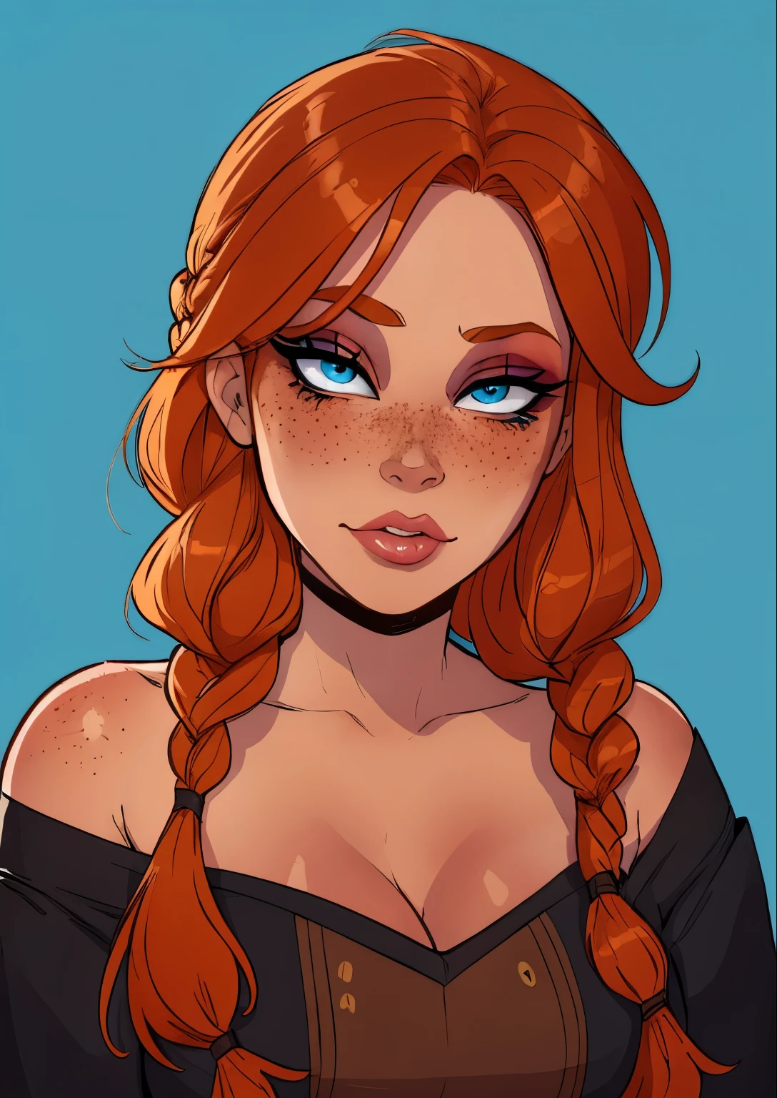 masterpiece, best quality, 1female, beautiful, face portrait, solo, deep makeup, 1girl, face focus, makeup, blue eyes, goth, shy, long hair, side braid, perfect fringe, ginger hair, brown skin, cinnamon skin, thick lineart, pinup, cell shading, nyantcha, freckles