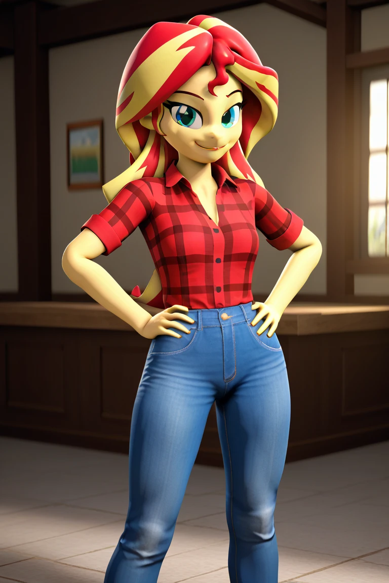 score_9, score_8_up, score_7_up BREAKSambaNekoStyle, sunset shimmer, 3d, sourcefilmmaker ,pestil, painterly hair, sharp contrasts, ,Sunset shimmerEQG, red hair , green eyes, yellow skin, red flannel collared shirt, short sleeves, blue jeans, half body smile, hands on hips,  1girl, solo, red sneakers 