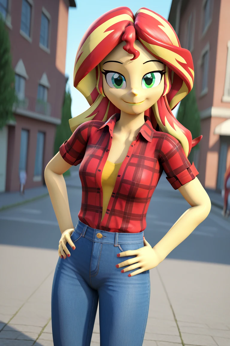 score_9, score_8_up, score_7_up BREAKSambaNekoStyle, sunset shimmer, 3d, sourcefilmmaker ,pestil, painterly hair, sharp contrasts, ,Sunset shimmerEQG, red hair , green eyes, yellow skin, red flannel collared shirt, short sleeves, blue jeans, half body smile, hands on hips,  1girl, solo, red sneakers 