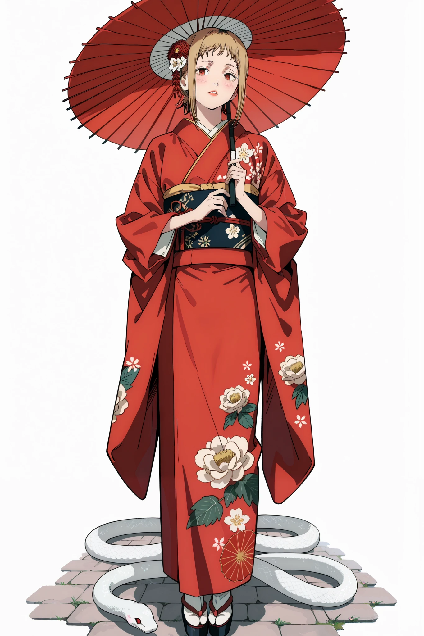 (Sh1r3n:1.2), chainsaw_man_style, 1girl, sawatari akane \(chainsaw man\), chainsaw man, 1girl, 
umbrella, oil-paper umbrella, japanese clothes, kimono, flowers print, red umbrella, holding umbrella, 1girl, print kimono, hair flower, hair ornament, solo, holding, red eyes, red kimono, parasol, long sleeves, standing, wide sleeves, blush, looking at viewer, short hair, parted lips, full body, obi, bangs, red lips, sash, white umbrella, white background, furisode, tabi, white legwear, white background, white snake wrapped around the arm.