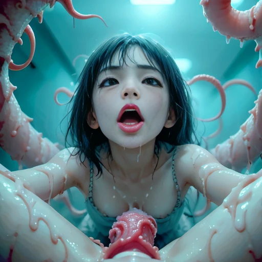 Asian school girl is being raped by wet tentacles covered with saliva