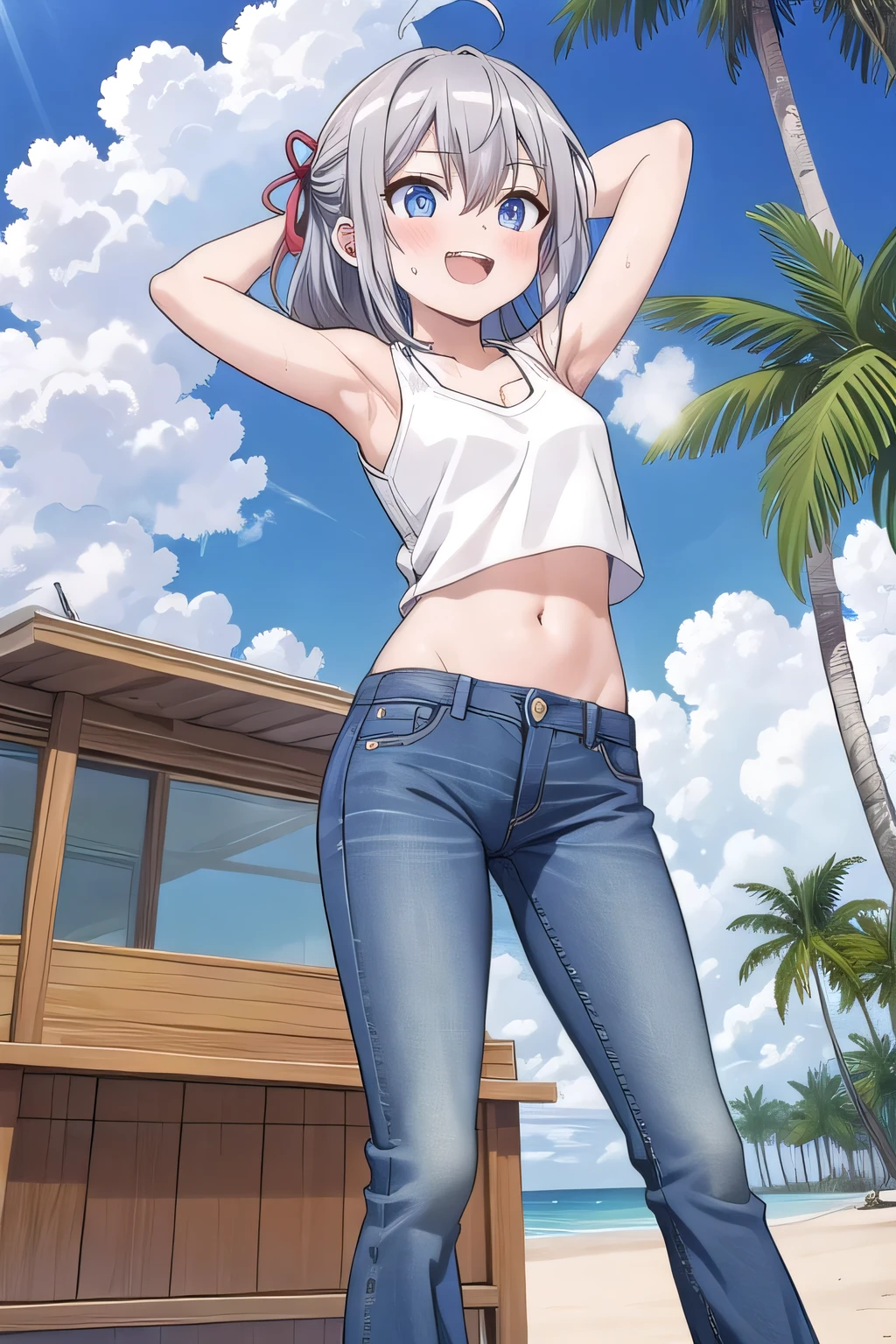 masterpiece,best quality,ultra detail,1girl, , peti ((round face, ecstasy, orgasm face, drooping eyes, shame smiling, blush)), dropping eyes, sleepy, background((under the beach, (day:1.2), palm tree, bright sky)), Alisa Mikhailovna Kujou, ahoge, long hair, grey hair, hair intakes, hair ribbon,red ribbon, sidelocks, hair between eyes,parted bangs, blue eyes, arms behind head, contrapposto, spread armpits, looking at viewer,, (white tank top:1.2), (white crop top:1.2), (jeans pants:1.2, flares jeans:1.2, skinny jeans:1.2, blue jeans:1.2), standing, (legs apart:1.4), sex pose, Sweaty crotch, Steam from the crotch, from below, full medium body