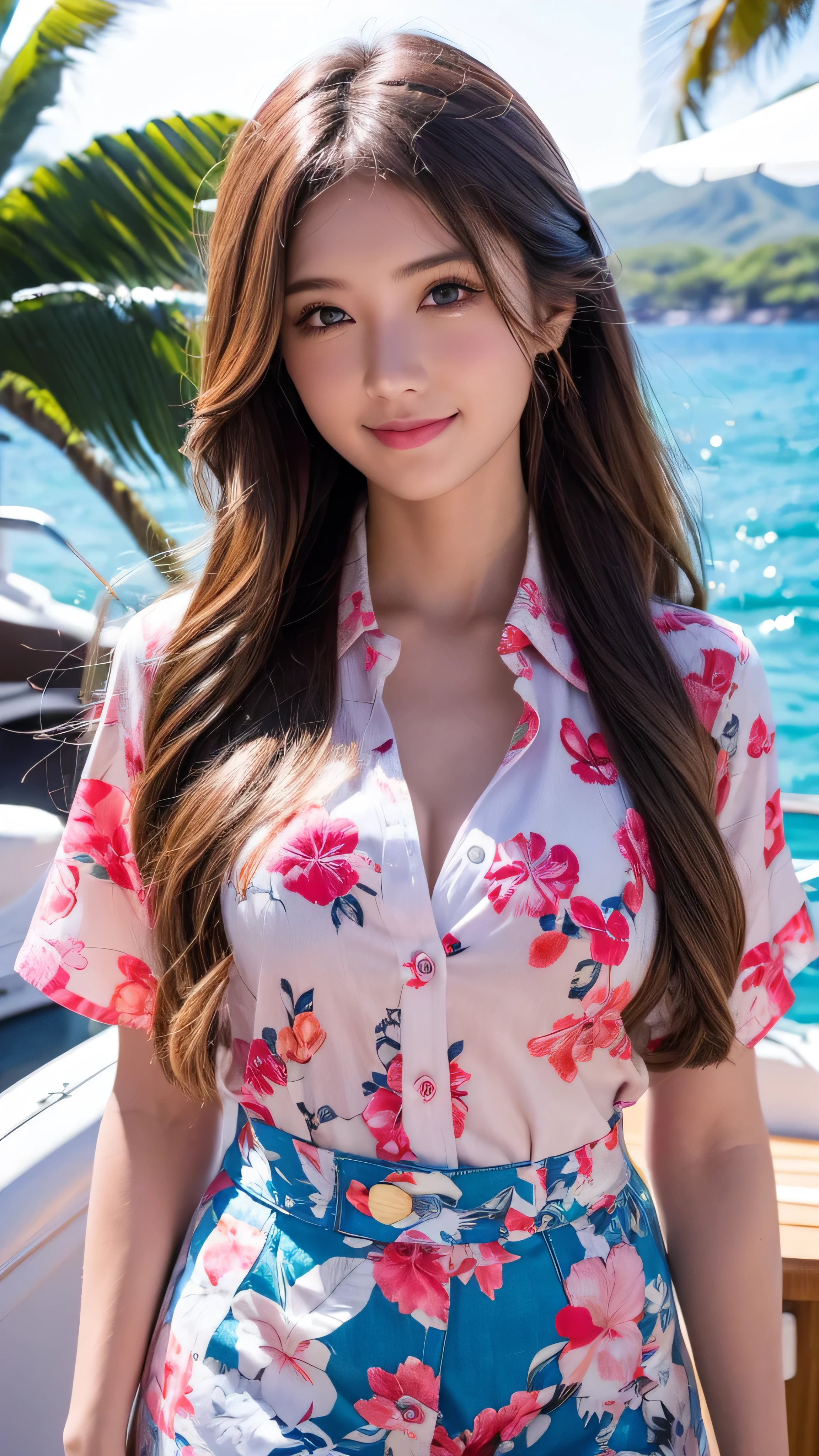  high-definition picture ，Women Long Hair , born, Super high resolution, 8k,  is looking at the camera, On a yacht at sea, Vacation Photos, Paradise Island,  Colorful Hawaiian Button Up Shirts, Frank,  amateur ,  natural light, A perfect day, [smile]Full body high definition image。