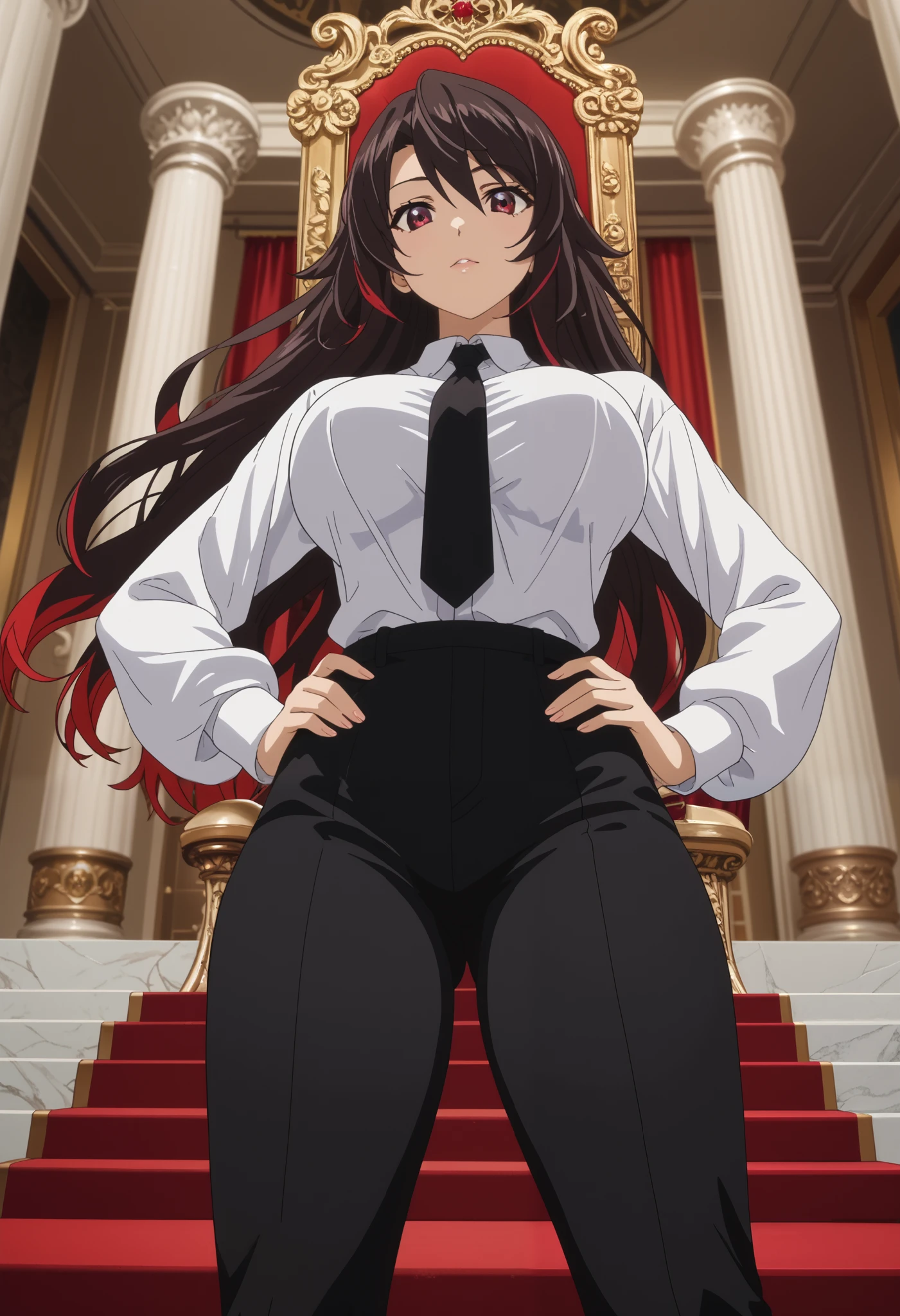 score_9, score_8_up, score_7_up, anime screencap, source_anime, 1girl, BREAK houkishinonono, houki shinonono, long hair, highlighted hair, dark hair, red eyes, highlighted hair, loose hair, thick thighs, white collar shirt, black tie, black pants, sleeve long,
Standing, with hand on hip, from below, looking at viewer, upper body,
throne room, throne, red carpet, stairs, pillars, curtains,
(Beautiful and big breasts: 1.2), natural breasts,