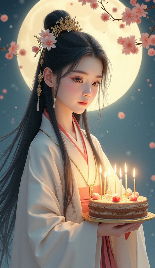 Realistic Long-haired girl in Hanfu,Holding the birthday cake,rabbit (Full moon),Ancient Chinese style,Fairy air fluttering,(Chang'e fairy),(mid-autumn festival),Soft moonlight,young goddess, water color painting style,A detailed face,A detailed face,Quiet moonlight